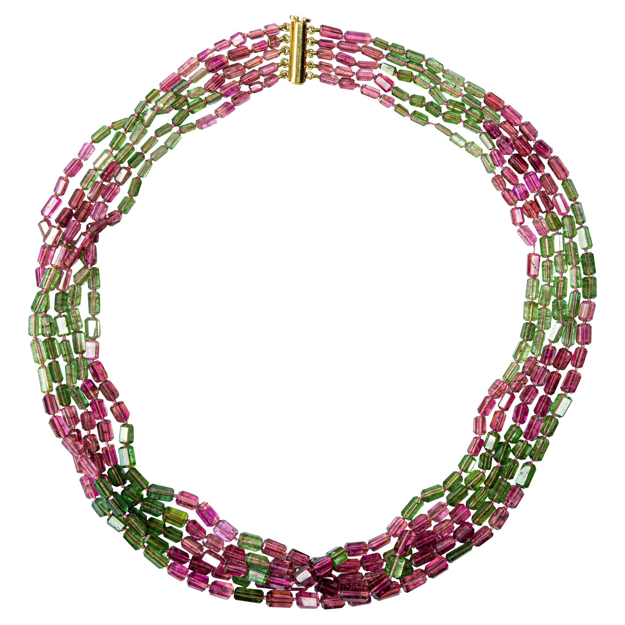 Alex Jona Pink Green Tourmaline 18 Karat Gold Five Strand Necklace For Sale