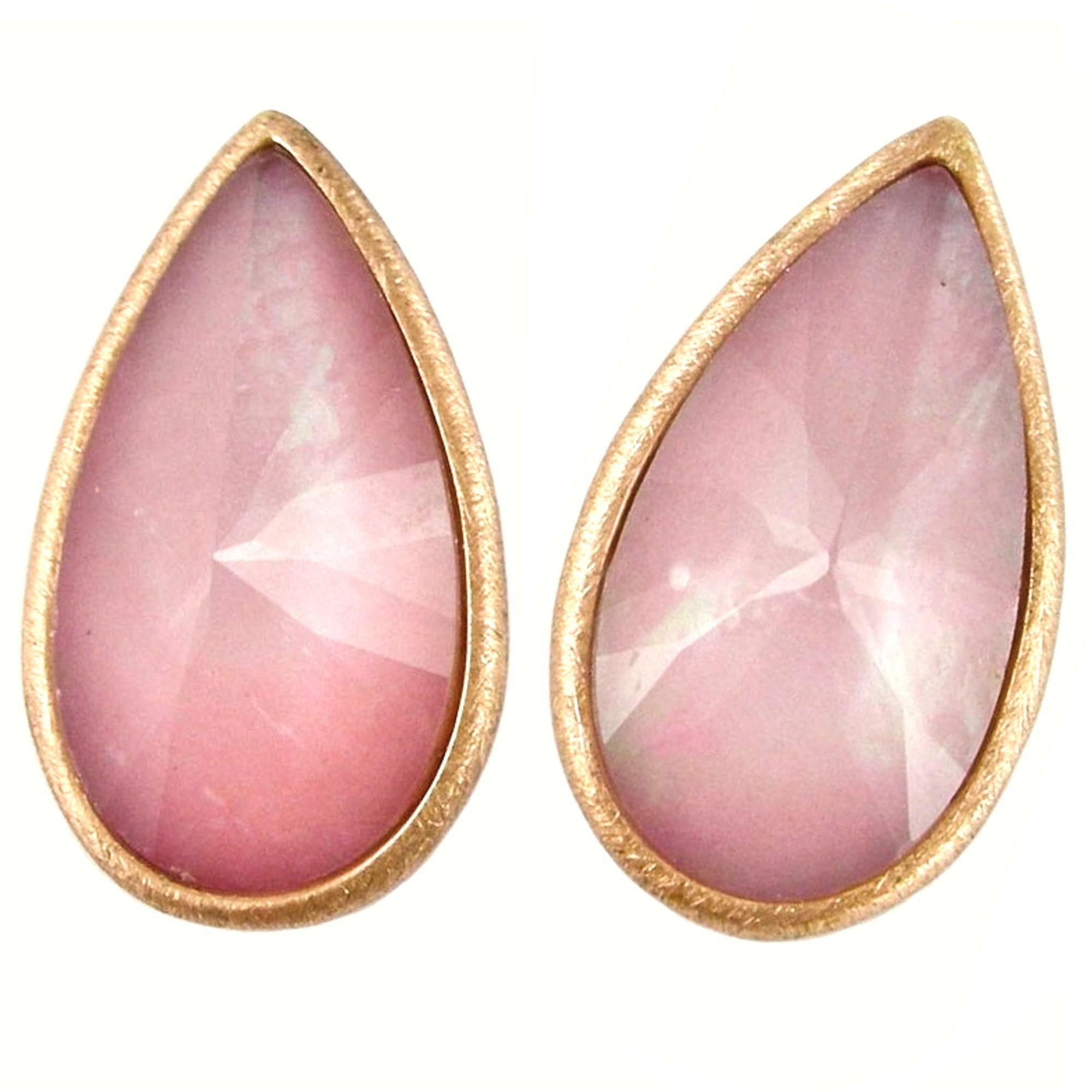 Alex Jona Pink Opal Quartz 18 Karat Brushed Rose Gold Stud Earrings For Sale