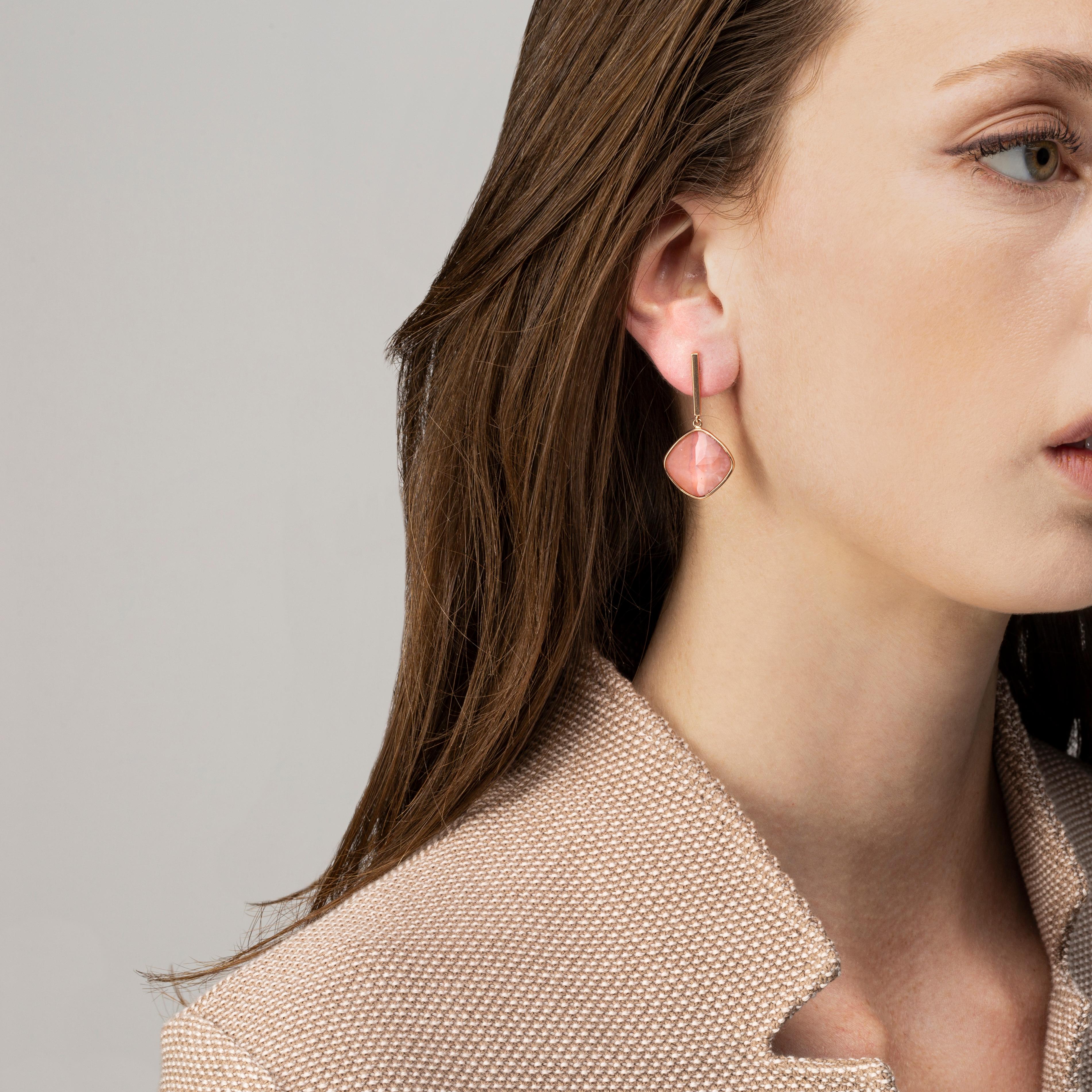 Alex Jona design collection, hand crafted in Italy, 18 Karat rose gold drop earrings set with a crazy cut Quartz over Pink Opal. Dimensions : Length mm37/in1.46 - Width mm16.8/in0.66 

Alex Jona jewels stand out, not only for their special design