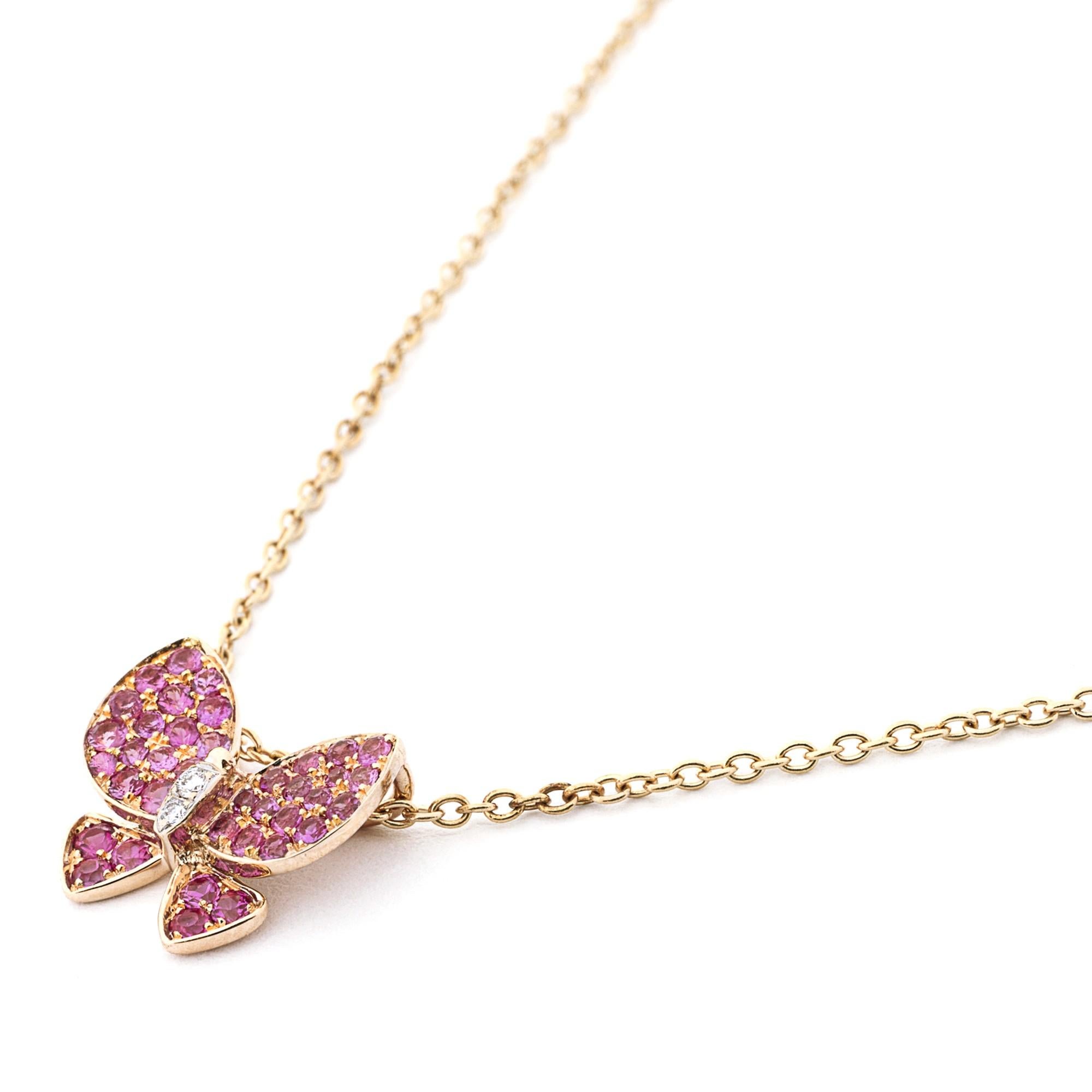 Round Cut Alex Jona Pink Sapphire 18 Karat Rose Gold Butterfly Pendant Necklace For Sale