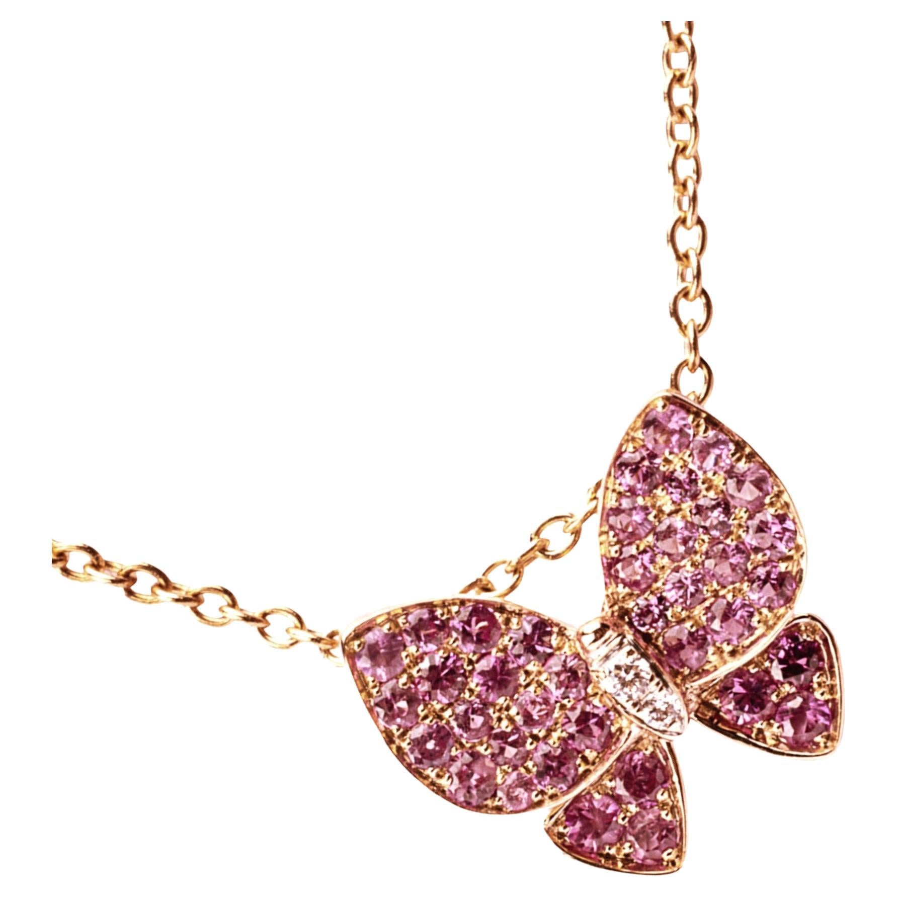 Alex Jona Pink Sapphire 18 Karat Rose Gold Butterfly Pendant Necklace For Sale