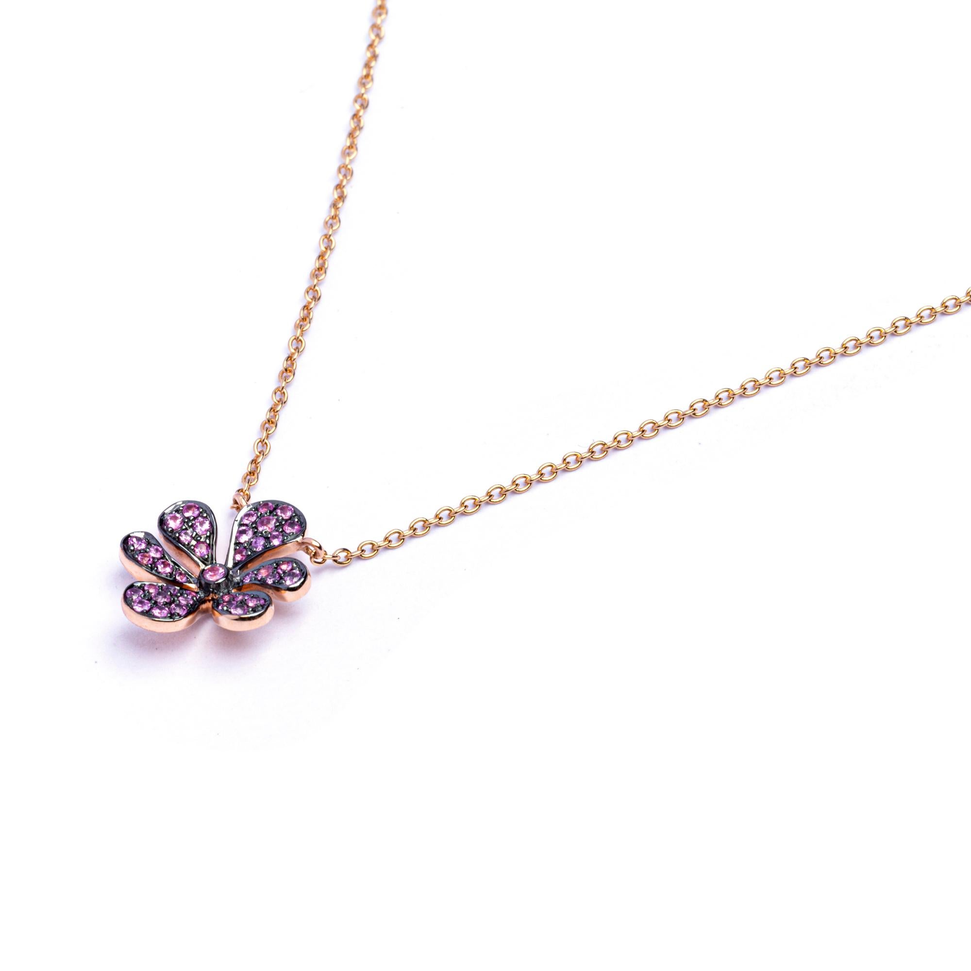 Round Cut Alex Jona Pink Sapphire 18 Karat Rose Gold Flower Pendant Necklace For Sale