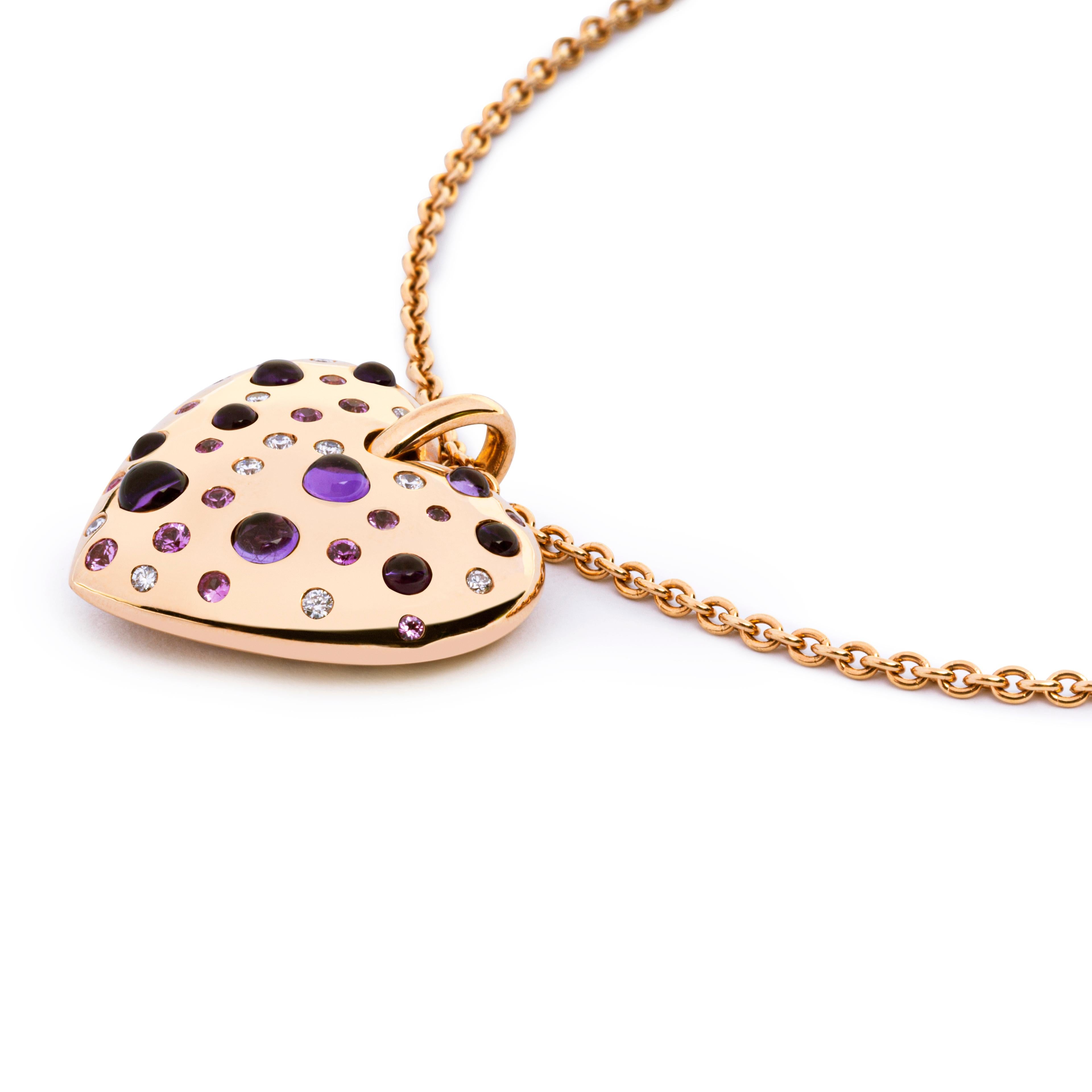 Contemporary Alex Jona Pink Sapphire Amethyst Diamond Rose Gold Heart Pendant Necklace For Sale