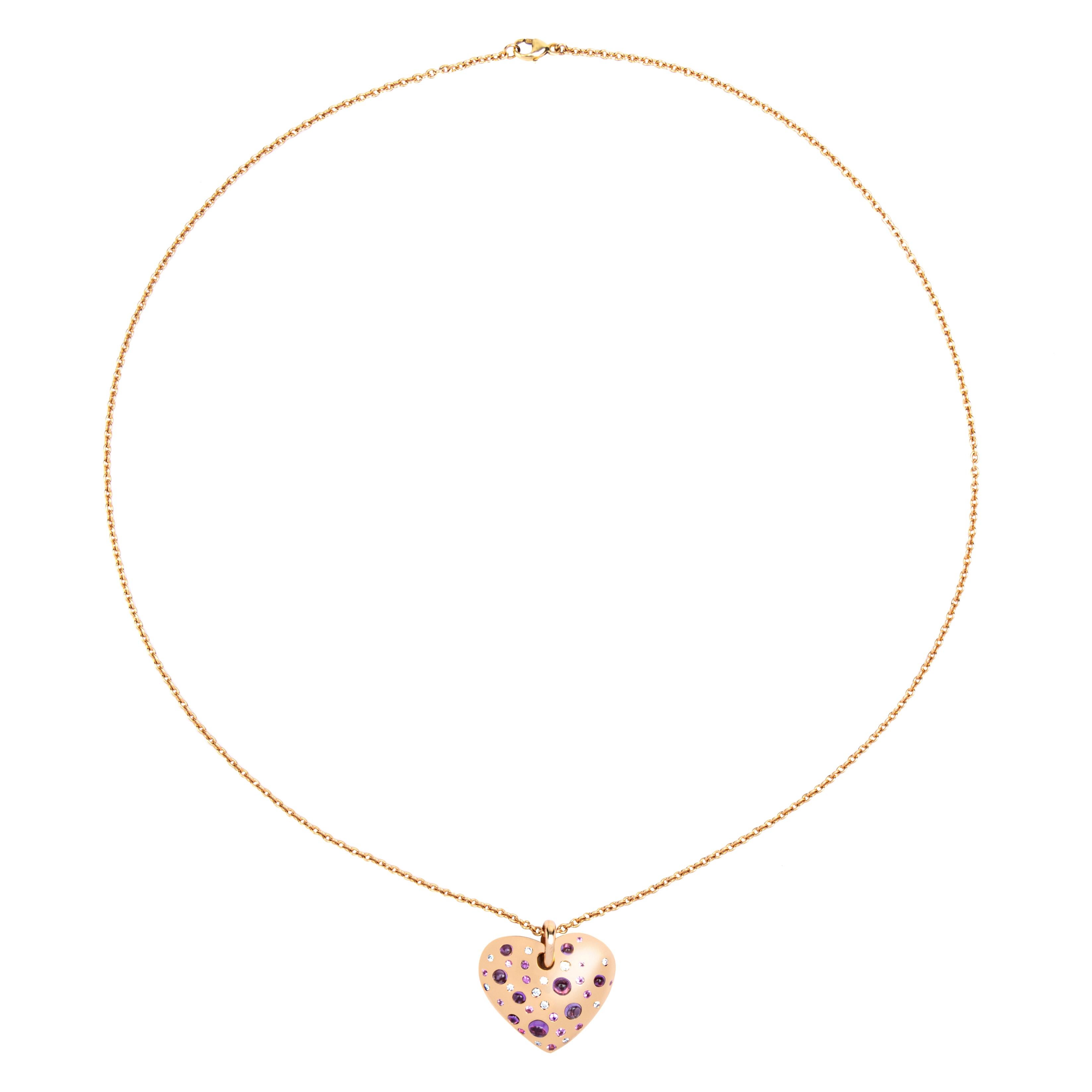 Women's or Men's Alex Jona Pink Sapphire Amethyst Diamond Rose Gold Heart Pendant Necklace For Sale