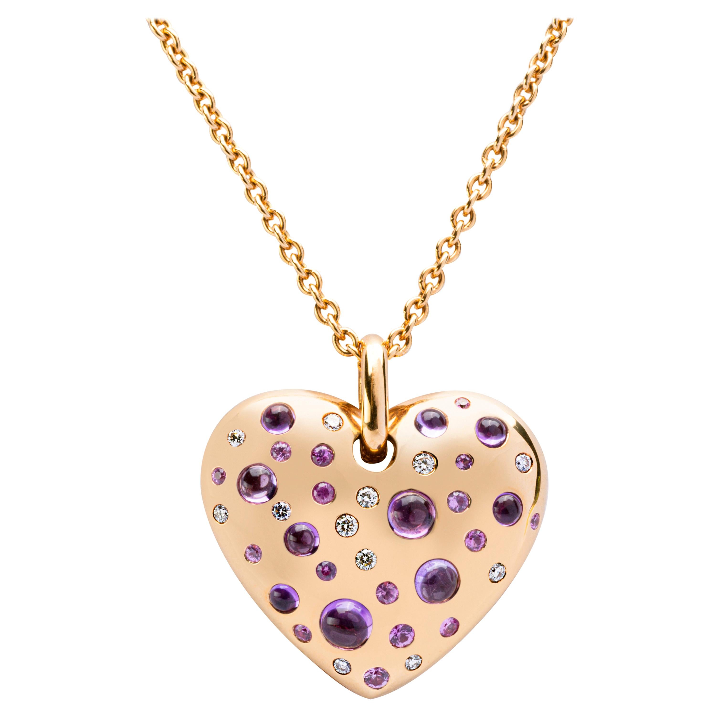 Alex Jona Pink Sapphire Amethyst Diamond Rose Gold Heart Pendant Necklace For Sale