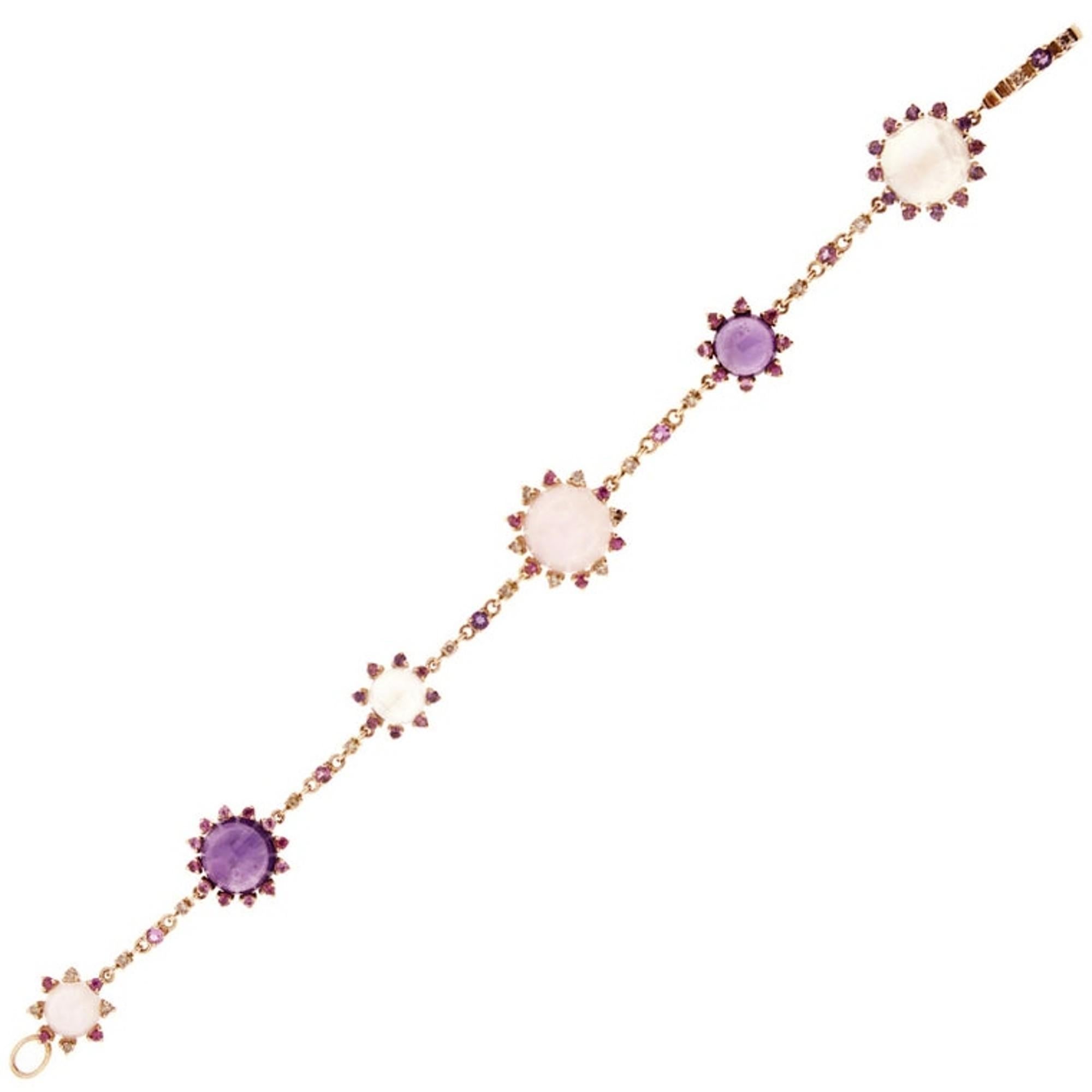 Cabochon Alex Jona Pink Sapphire Amethyst Moonstone Diamond Gold Link Bracelet For Sale