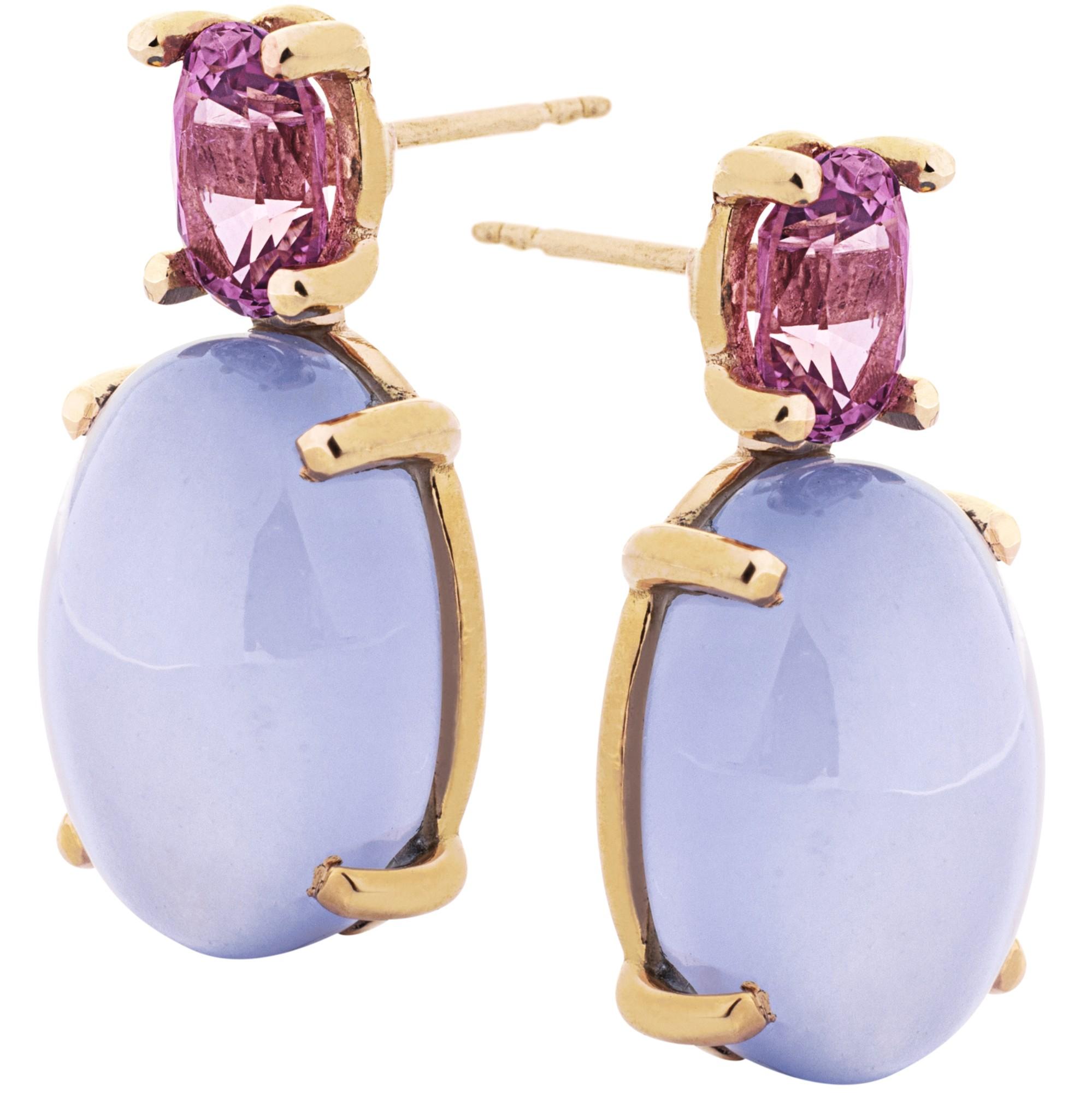 Mixed Cut Alex Jona Pink Sapphire Chalcedony 18 Karat Yellow Gold Earrings For Sale