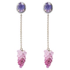 Alex Jona, boucles d'oreilles pendantes en or jaune 18 carats avec saphir rose, tanzanite et diamant blanc