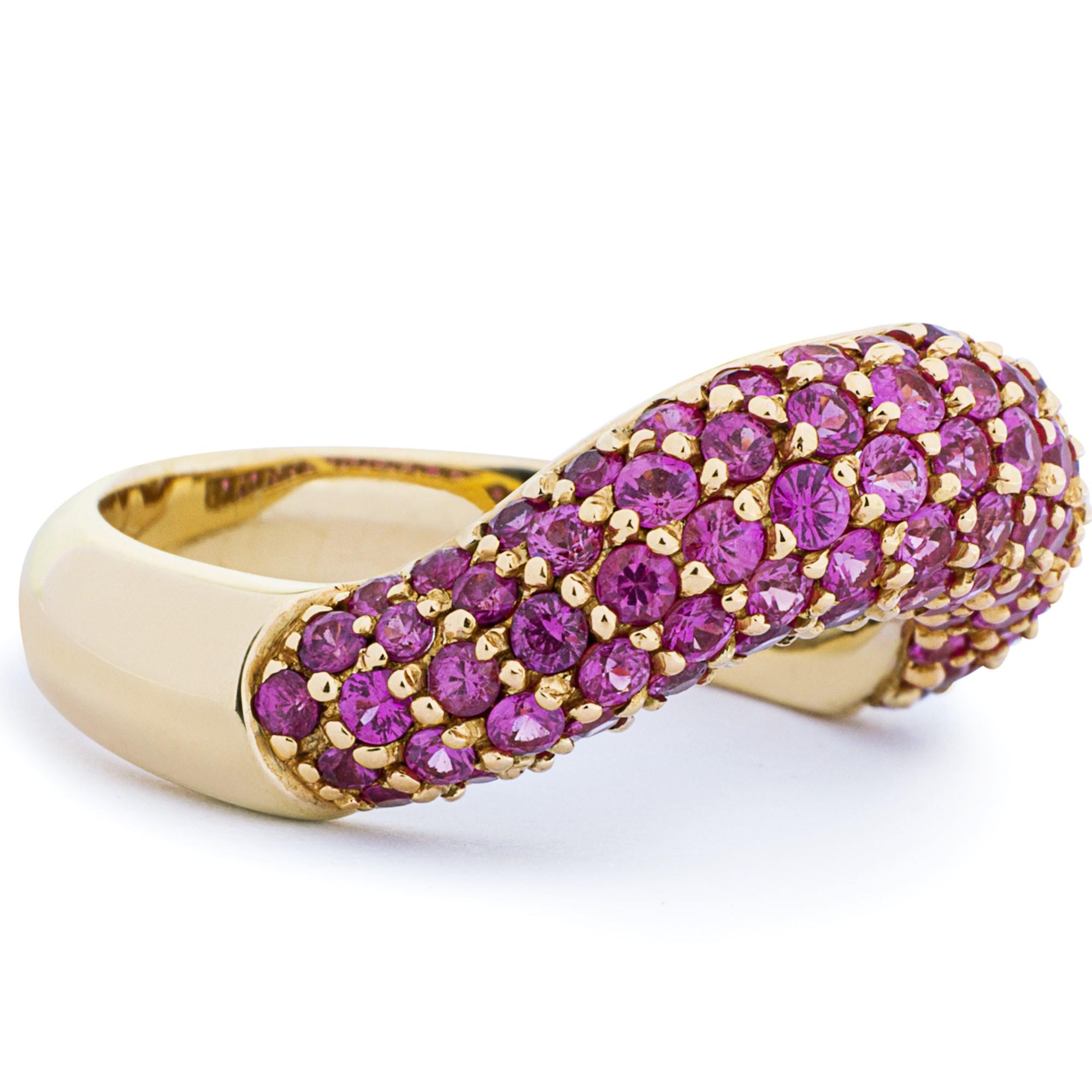 Women's Alex Jona Pink Sapphire Tsavorite 18 Karat Yellow Gold Set of Two Band Rings For Sale