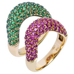 Alex Jona Pink Sapphire Tsavorite 18 Karat Yellow Gold Set of Two Band Rings