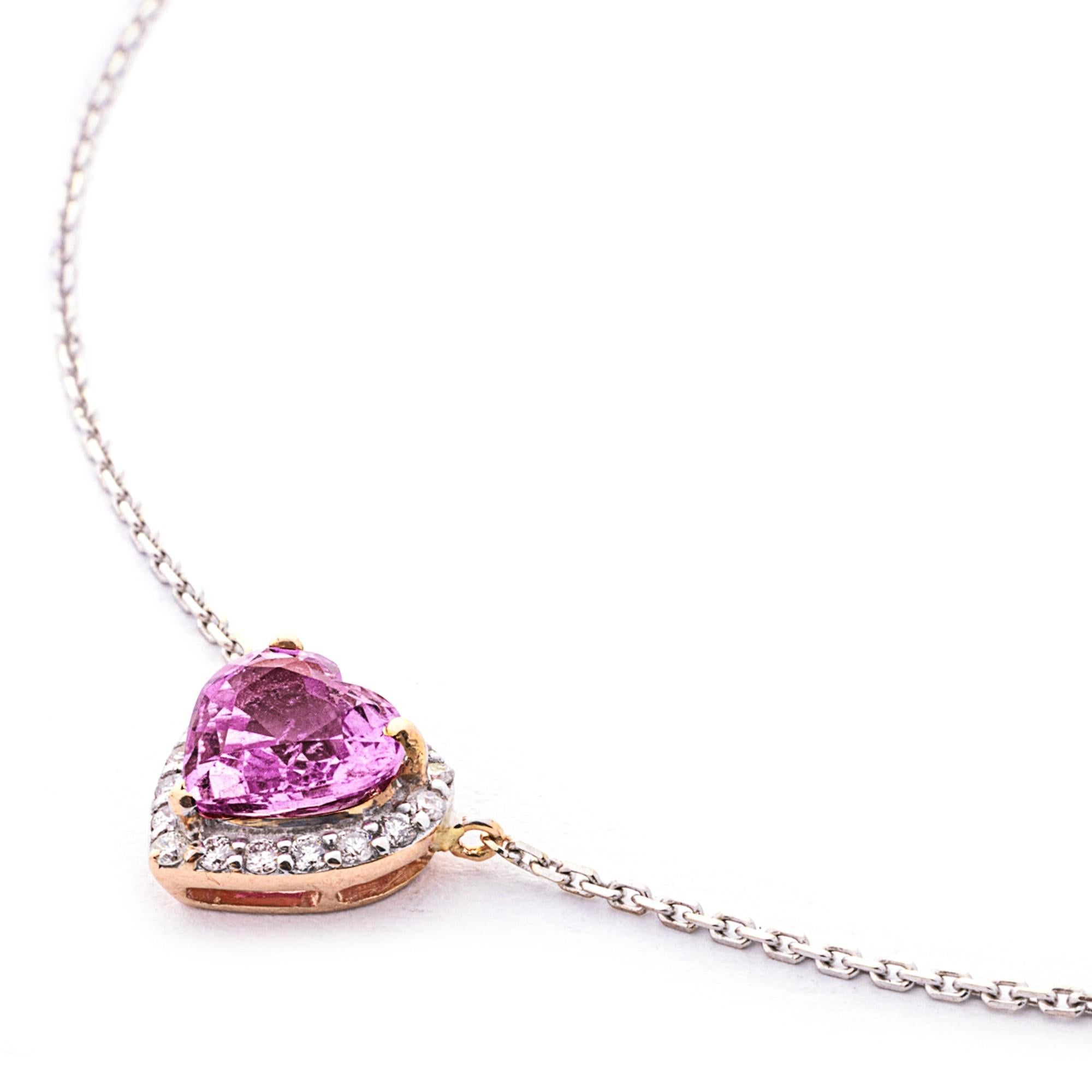 Alex Jona Pink Sapphire White Diamond 18 Karat Rose Gold Heart Pendant Necklace In New Condition For Sale In Torino, IT