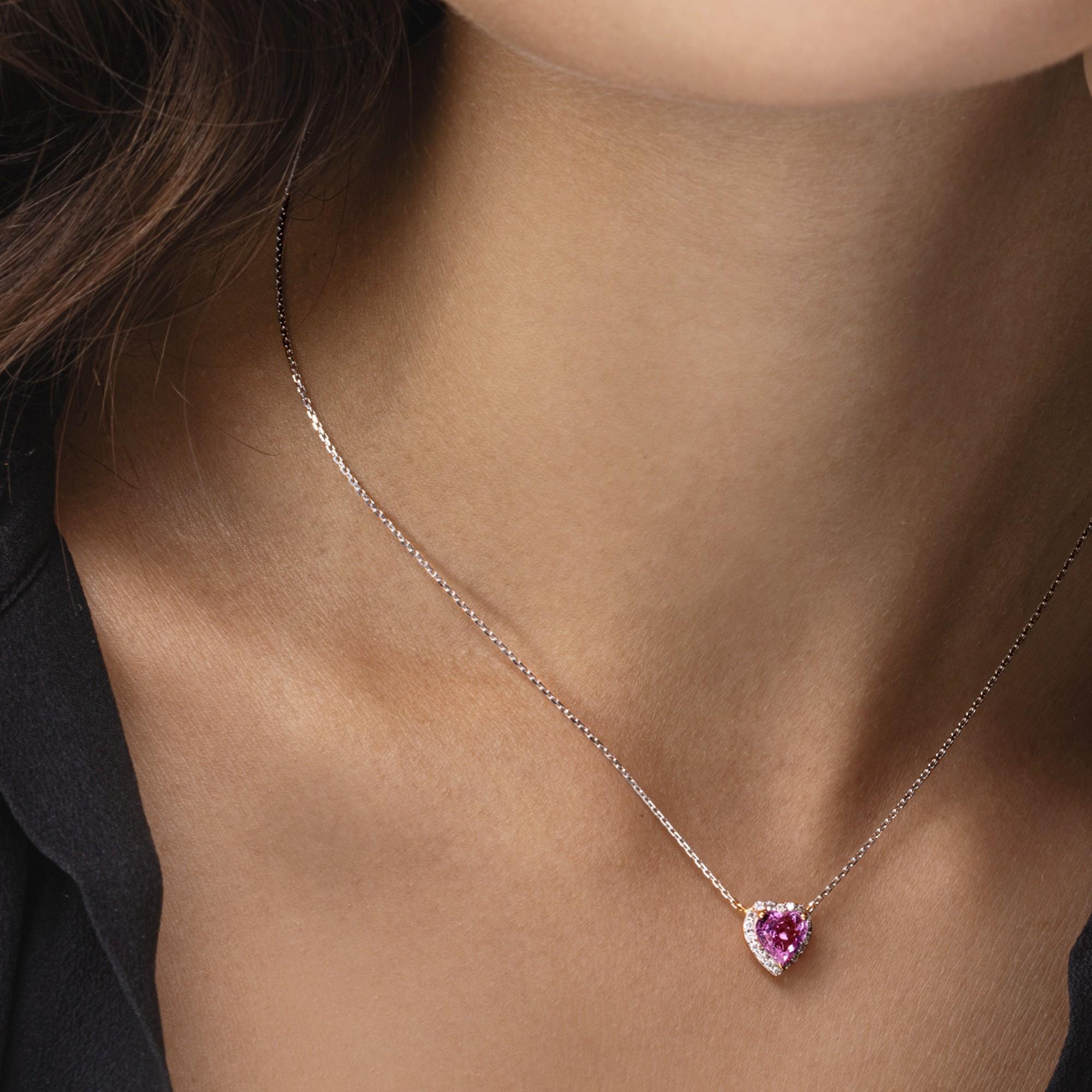 Women's Alex Jona Pink Sapphire White Diamond 18 Karat Rose Gold Heart Pendant Necklace For Sale
