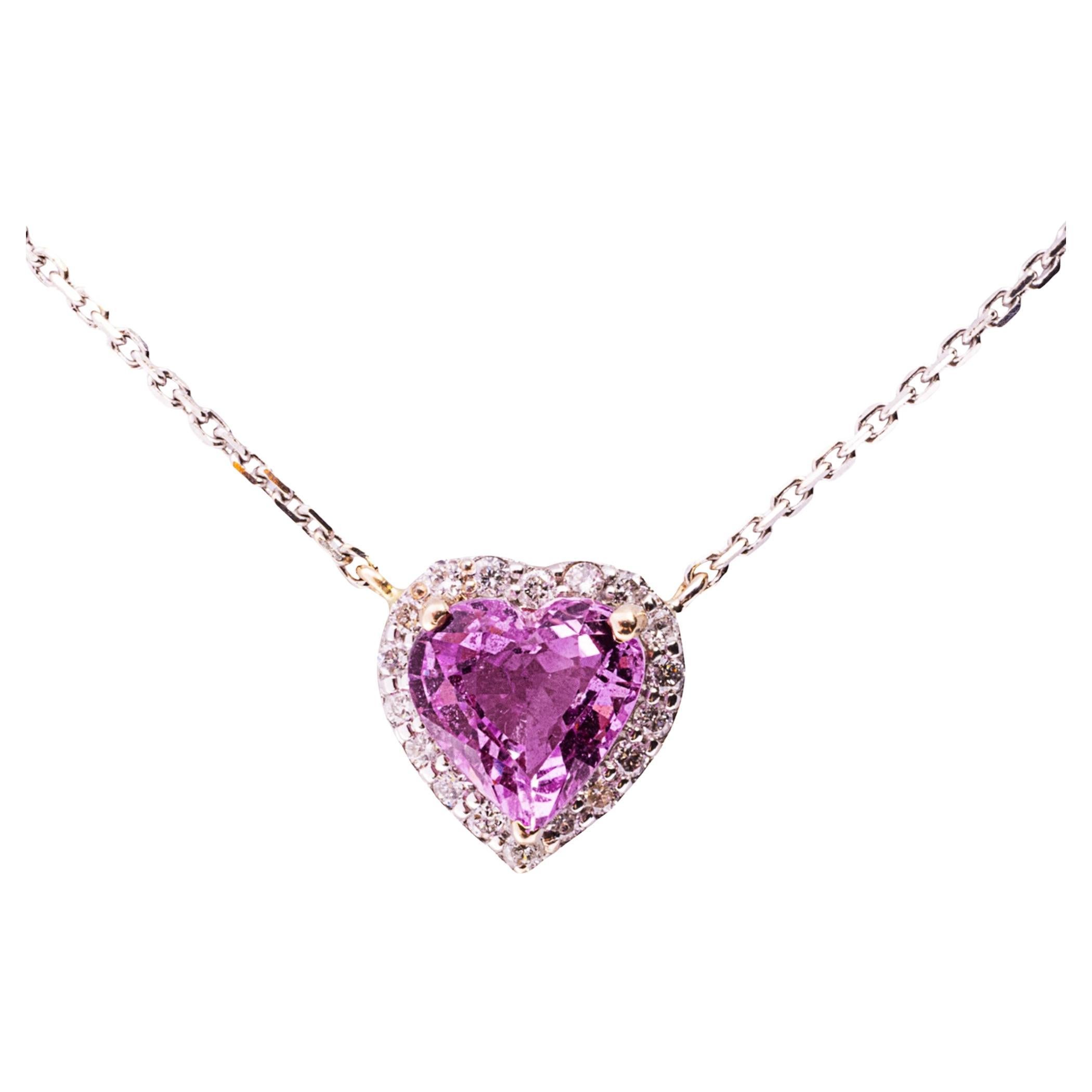 Alex Jona Pink Sapphire White Diamond 18 Karat Rose Gold Heart Pendant Necklace For Sale