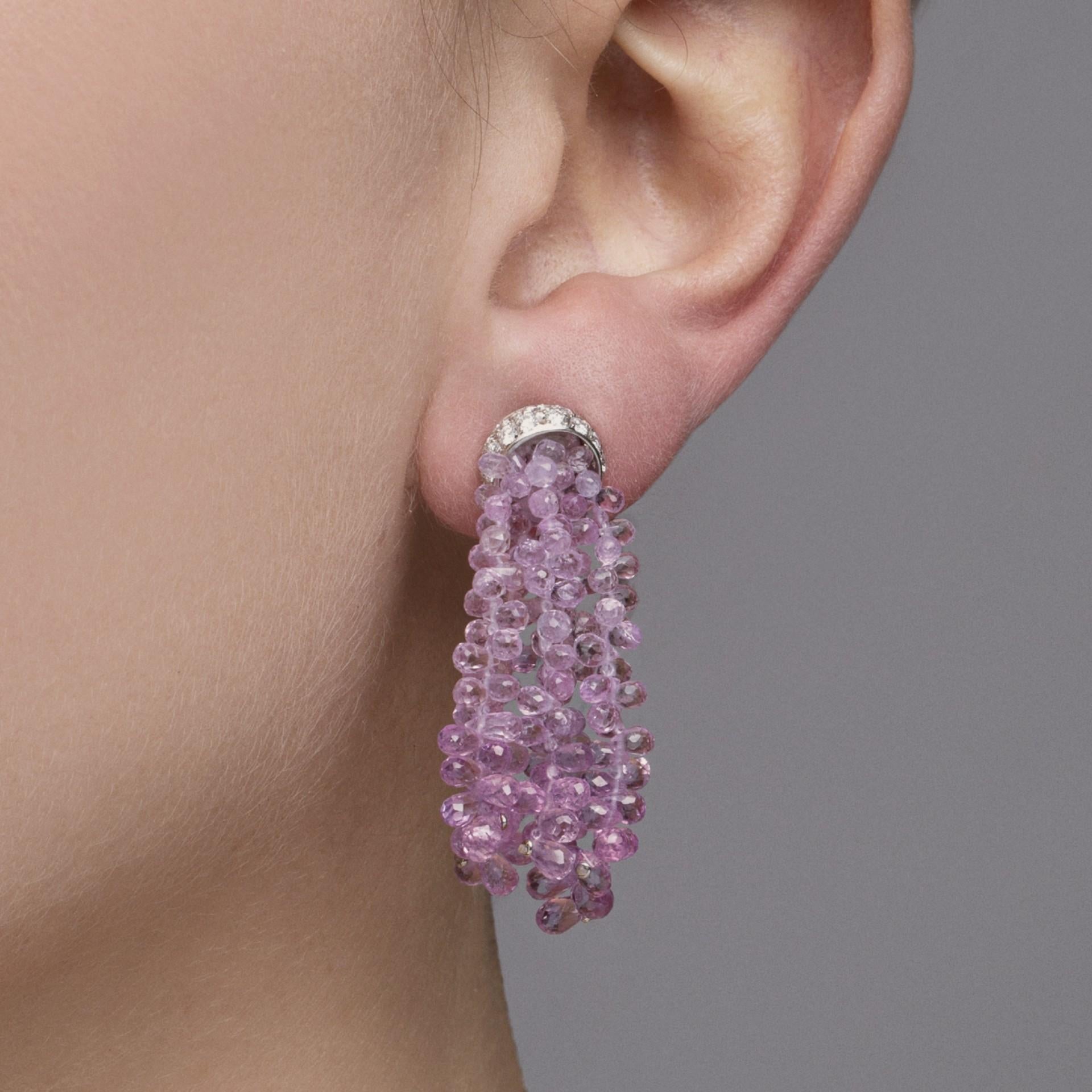 Alex Jona, boucles d'oreilles chandelier en or blanc 18 carats avec saphir rose et diamant blanc Neuf - En vente à Lugano, CH