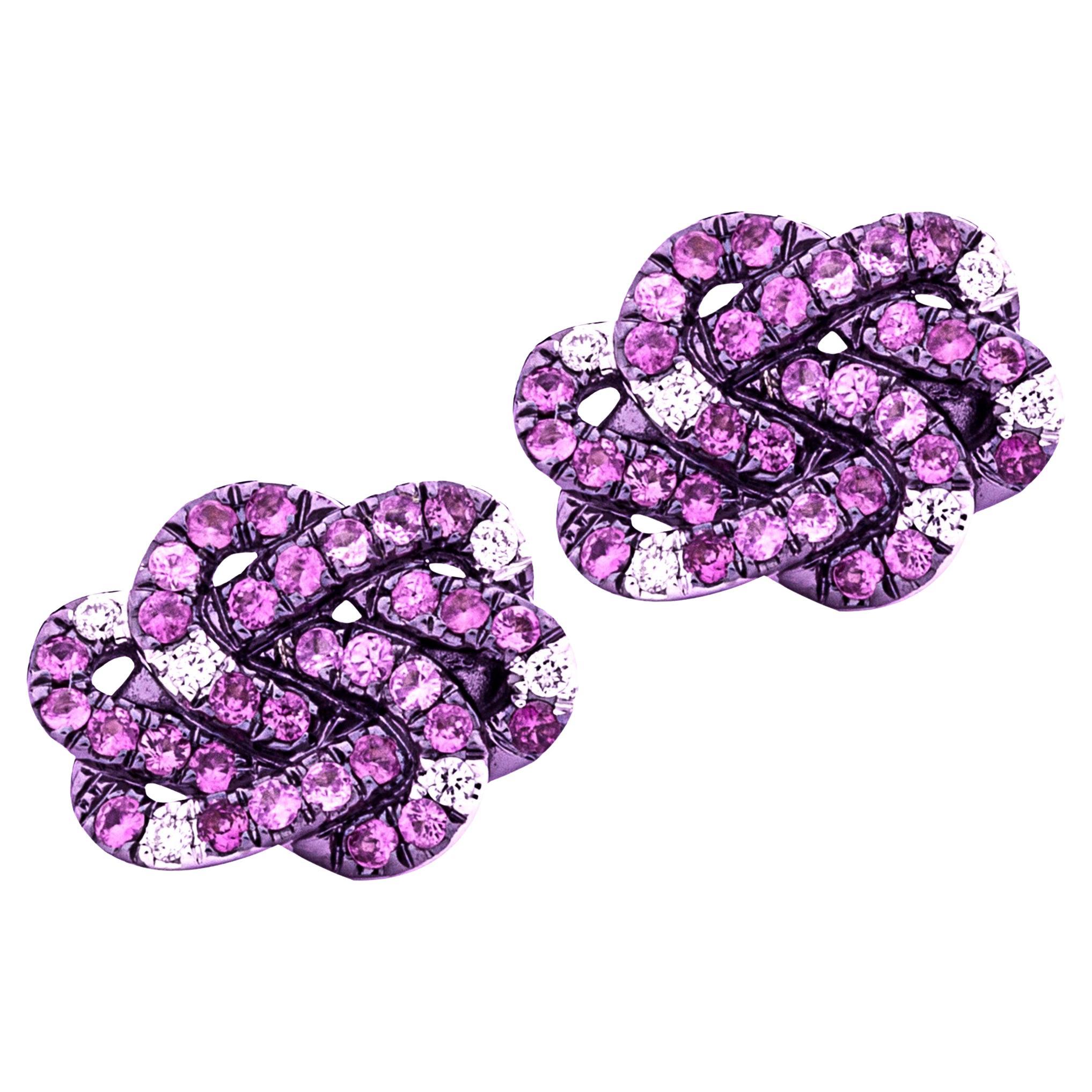 Alex Jona Pendientes Nudo Infinito Zafiro Rosa Diamante Blanco Oro Blanco 18 Kilates en venta