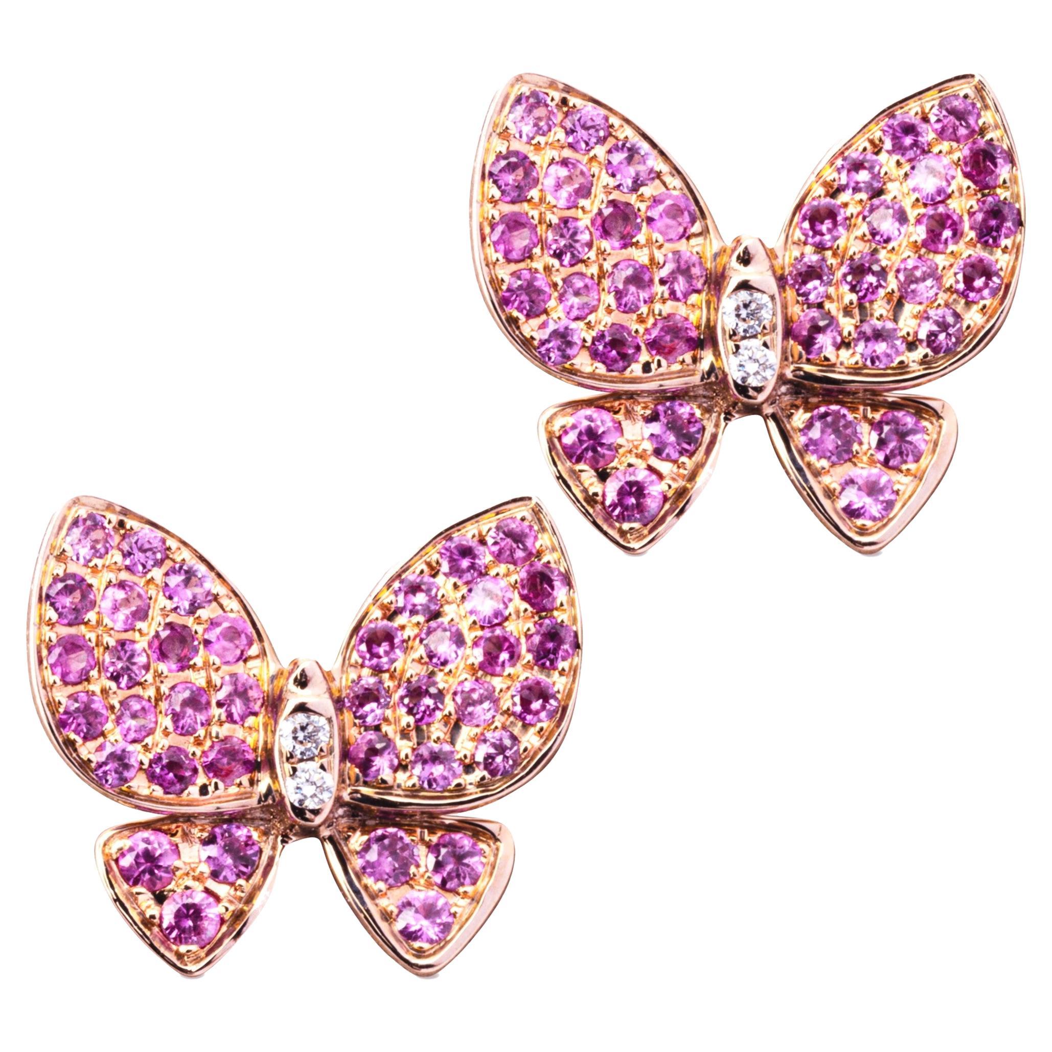 Alex Jona Pink Sapphire White Diamond Rose Gold Butterfly Stud Earrings For Sale