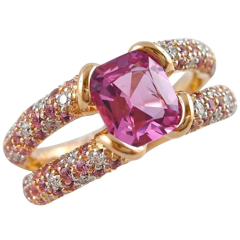 Cushion Cut Alex Jona Pink Spinel Pink Sapphire White Diamond 18 Karat Rose Gold Ring For Sale