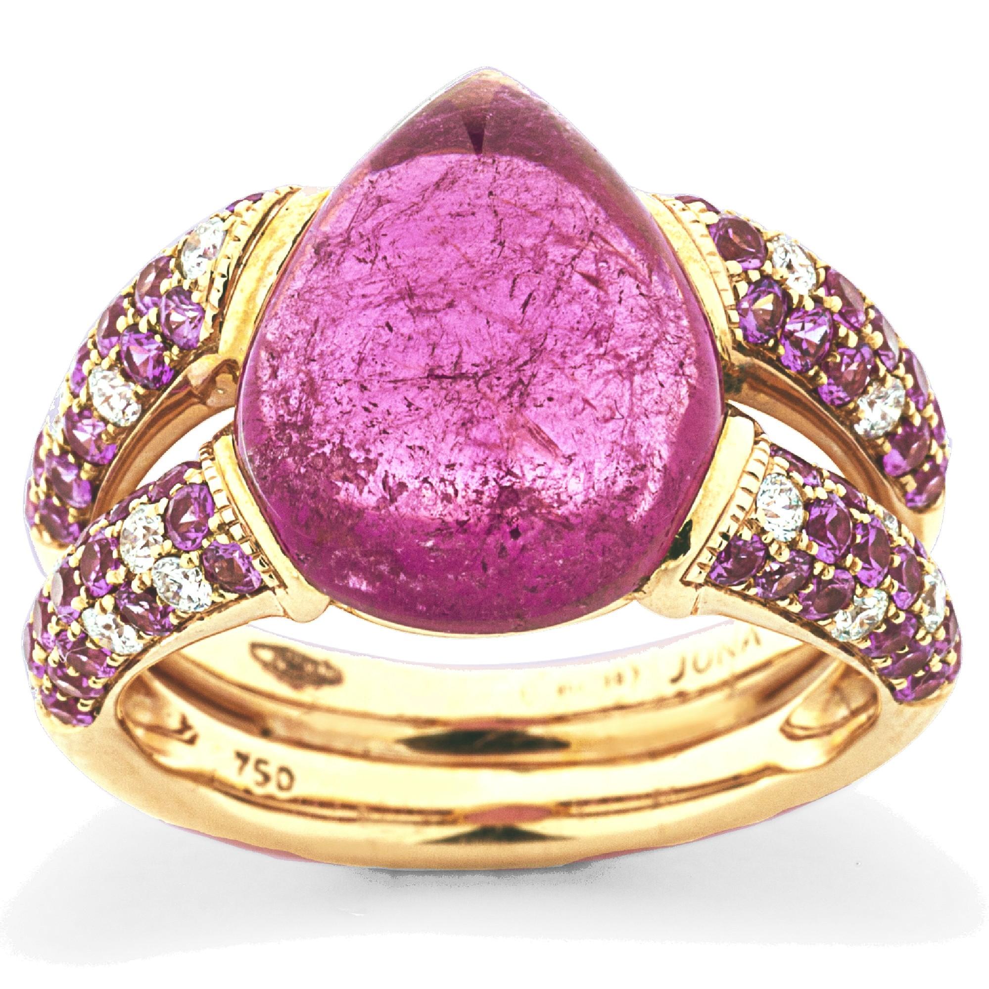 Alex Jona Turmalina Rosa Diamante Blanco Zafiro Rosa Anillo de Oro Rosa de 18k