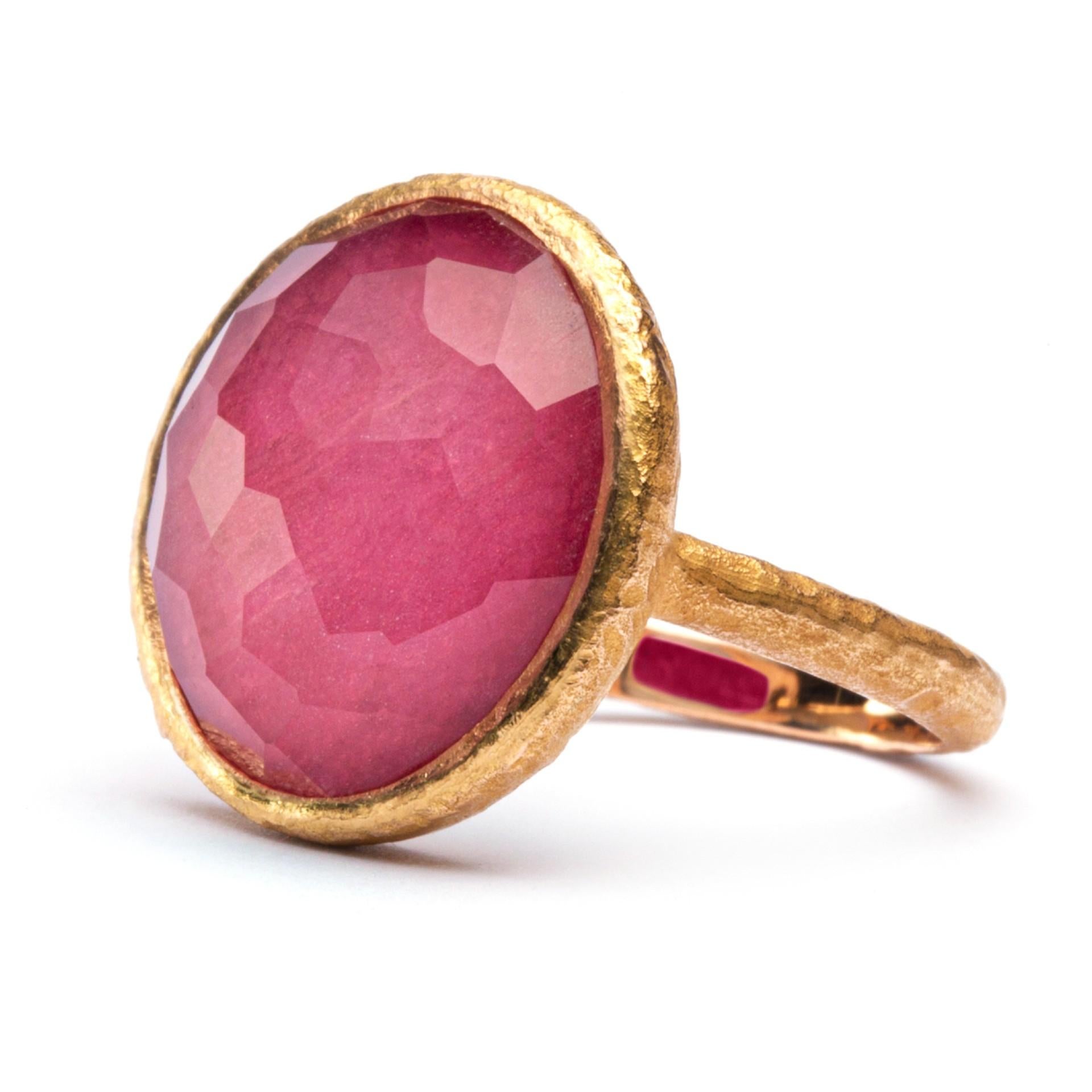 Round Cut Alex Jona Quartz Ruby 18 Karat Yellow Gold Ring For Sale