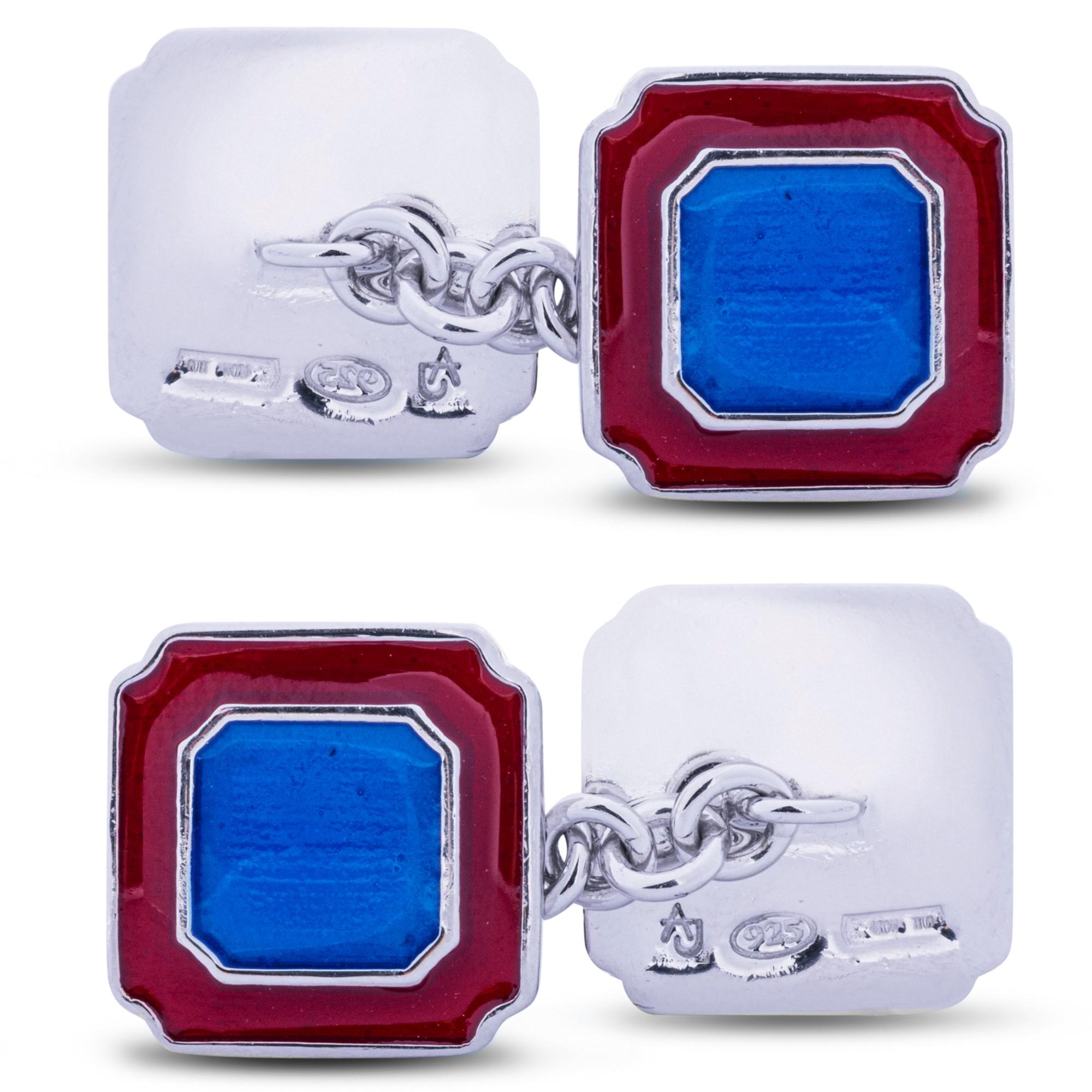 Alex Jona Red and Blue Enamel Sterling Silver Cufflinks In New Condition For Sale In Lugano, CH