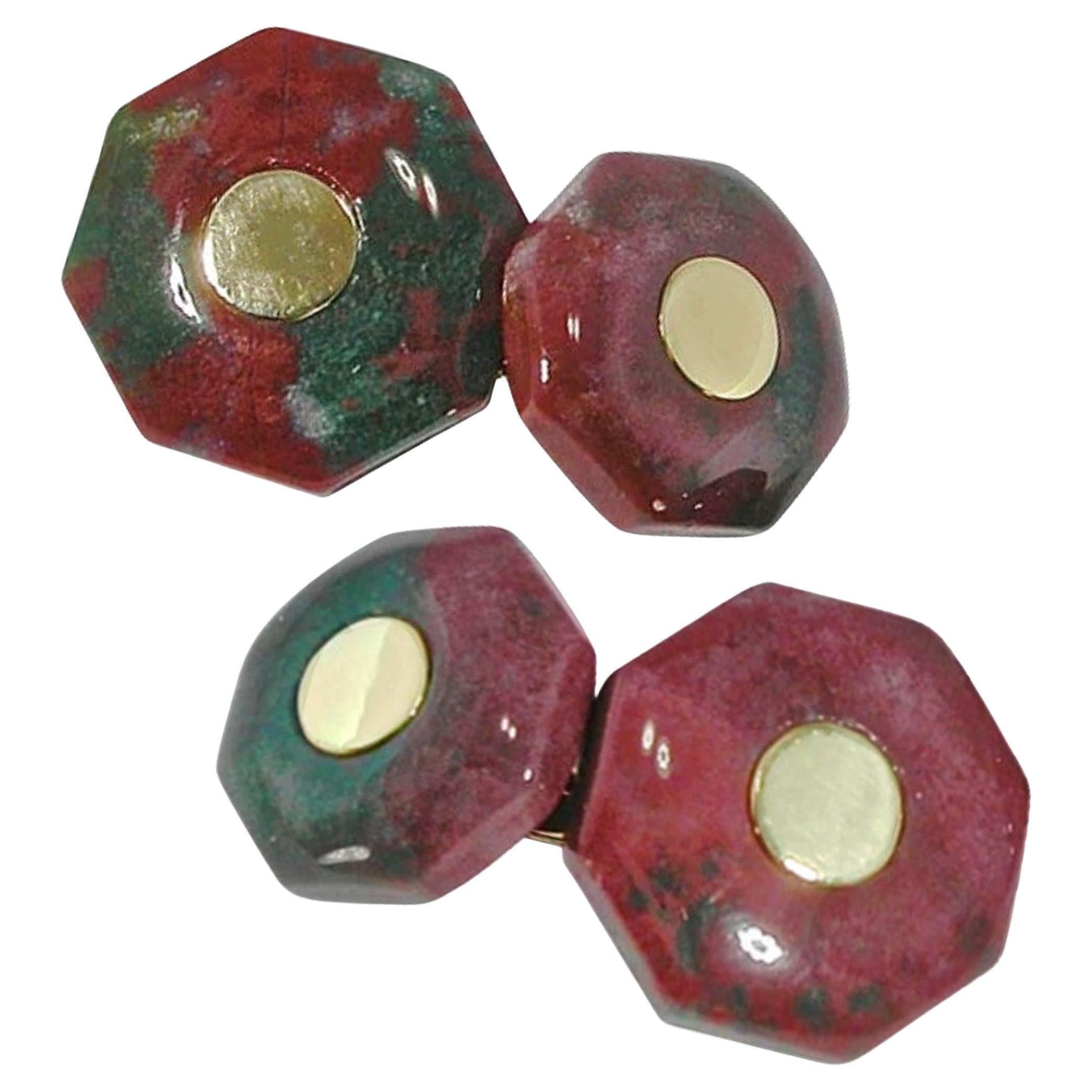 Alex Jona Red and Green Jasper 18 Karat Yellow Gold Geometric Cufflinks