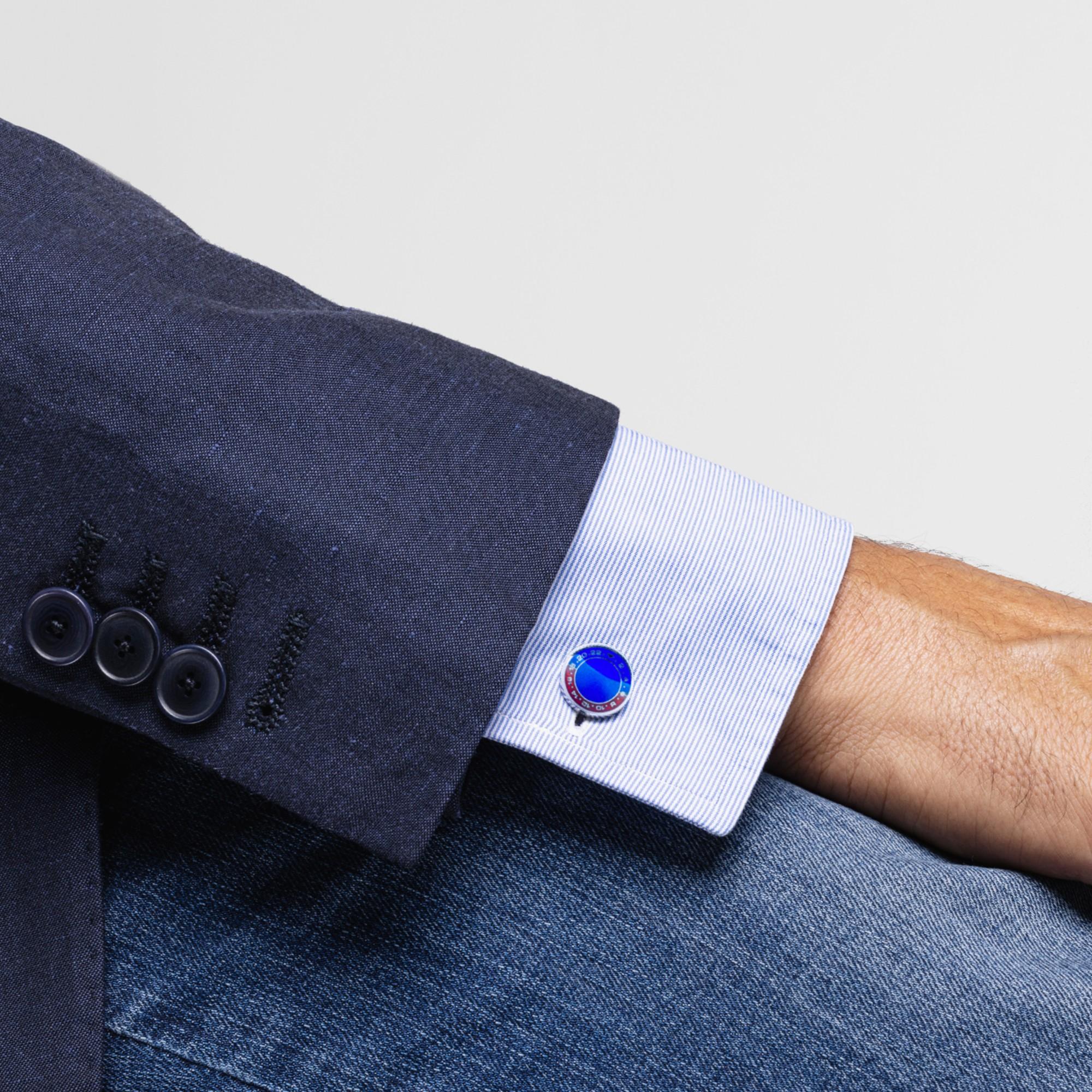 Alex Jona Design-Kollektion, handgefertigt in Italien, rhodiniertes Sterlingsilber mit rotem und blauem Emaille-Zifferblatt Manschettenknöpfe. Gezeichnet 