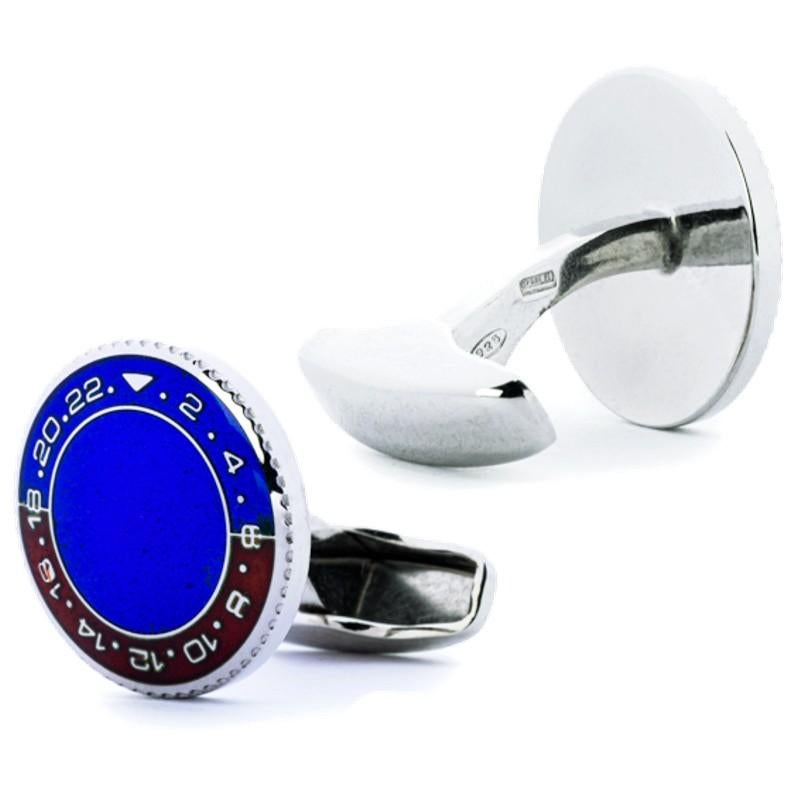 Alex Jona Red Blue Enamel Clock Dial Sterling Silver Cufflinks In New Condition For Sale In Torino, IT