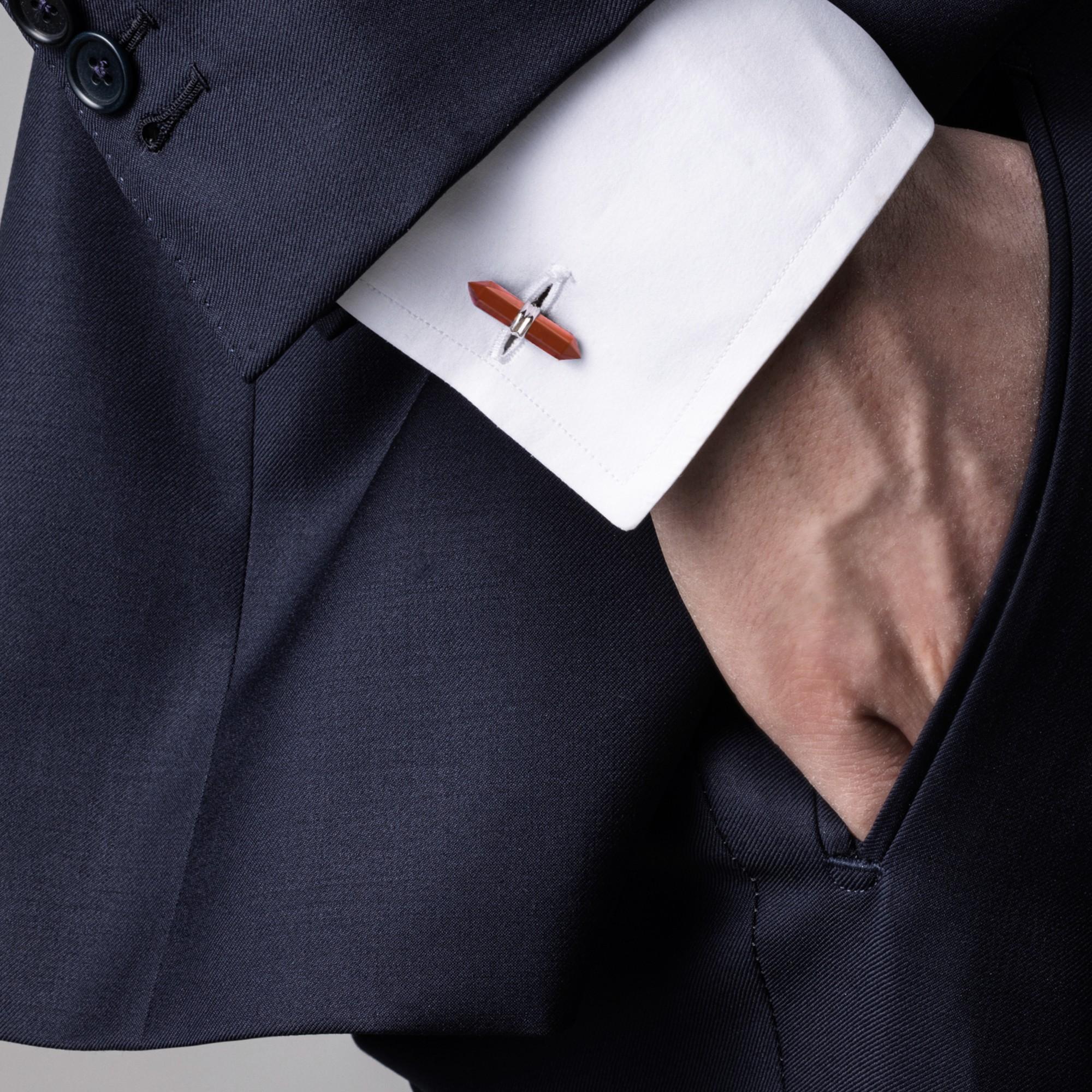 Alex Jona design collection, hand crafted in Italy, Jasper and Hematite prism bar cufflinks mounted in rhodium plate sterling silver. The silver cufflinks are 