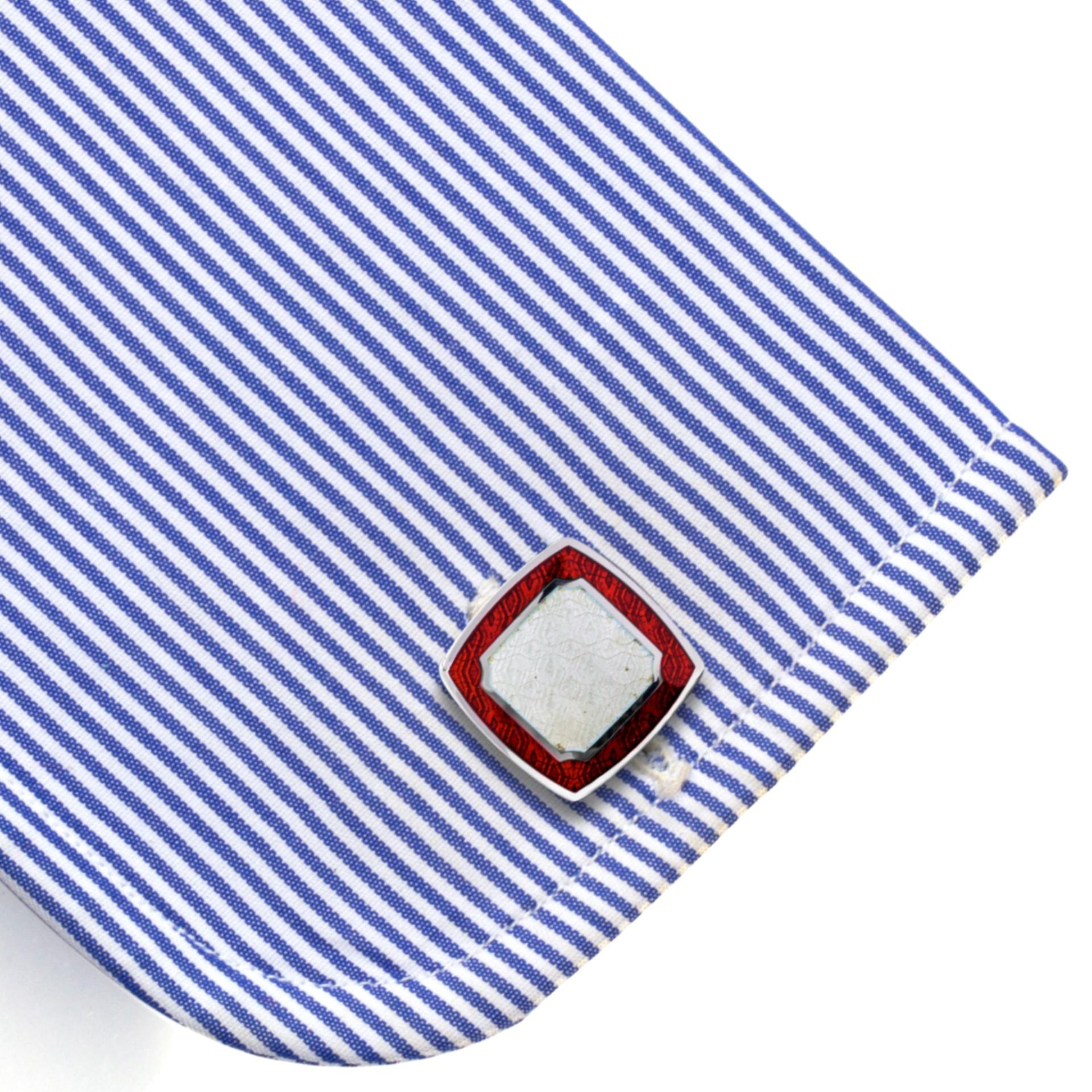 Alex Jona Red & White Enamel Sterling Silver Square Cufflinks In New Condition For Sale In Torino, IT