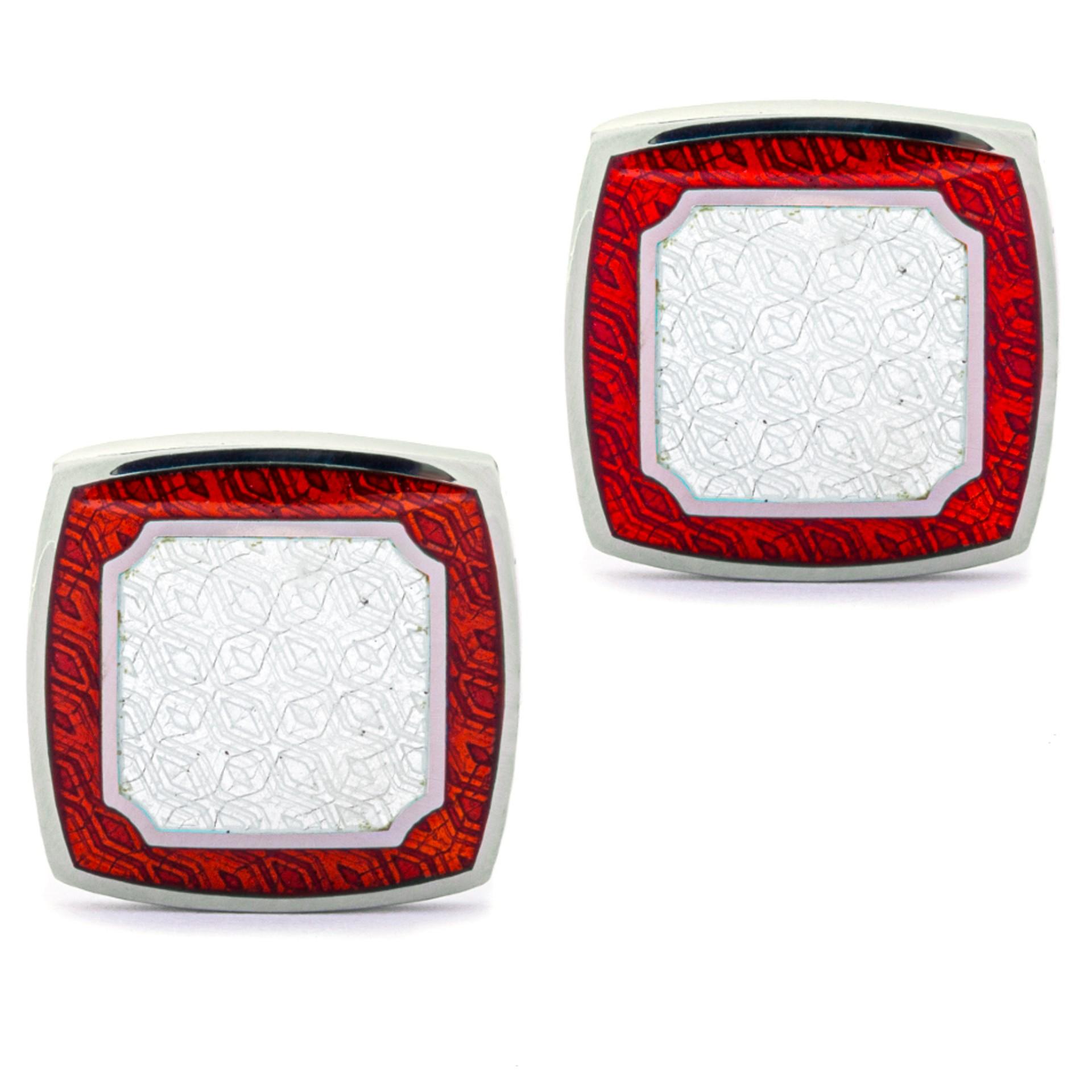 Alex Jona Red & White Enamel Sterling Silver Square Cufflinks For Sale