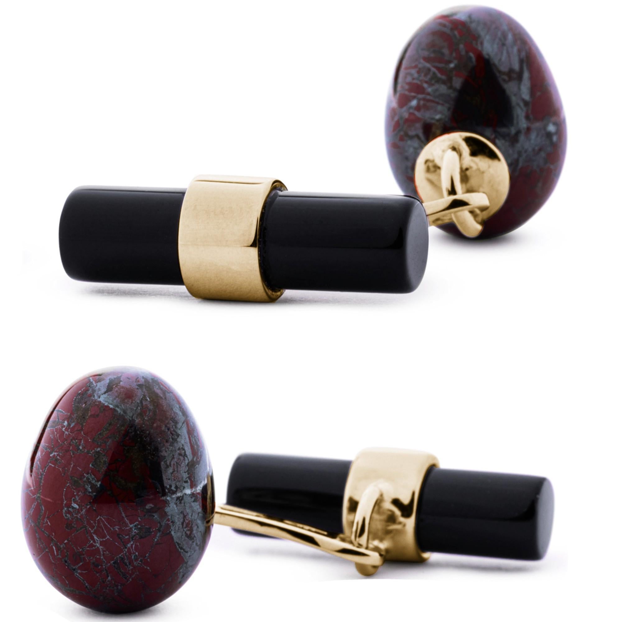 Taille ovale Alex Jona Boutons de manchette cylindrique en or jaune 18 carats avec rhodochrosite œuf et onyx en vente