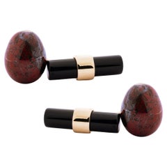 Alex Jona Rhodochrosite Egg Onyx Cylinder 18 Karat Yellow Gold Cufflinks