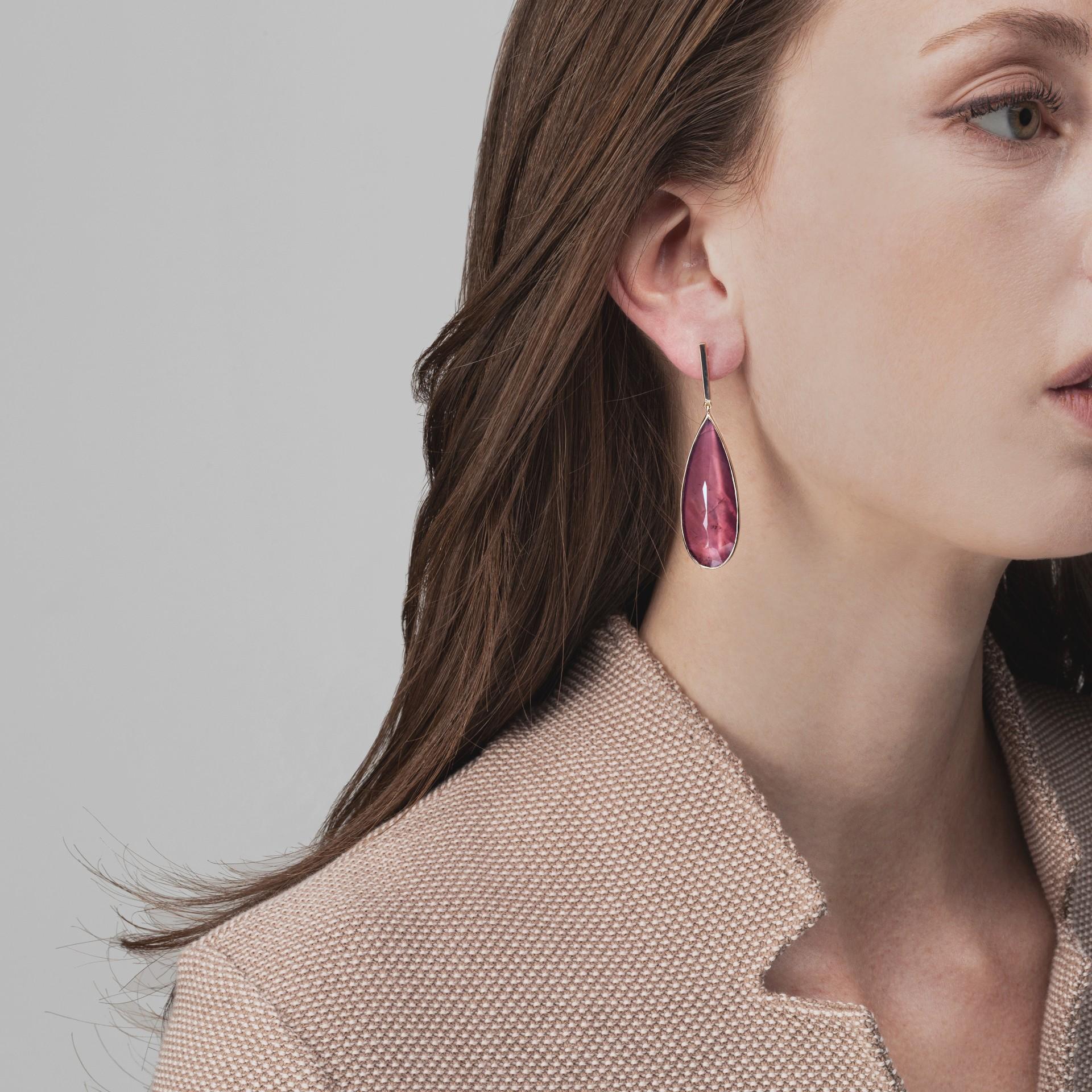 Alex Jona design collection, hand crafted in Italy, 18 Karat rose gold drop earrings set with a crazy cut Quartz with Rhodolite over mother of pearl. Dimensions : H 1.96 in x W 0.50 in 
Alex Jona jewels stand out, not only for their special design
