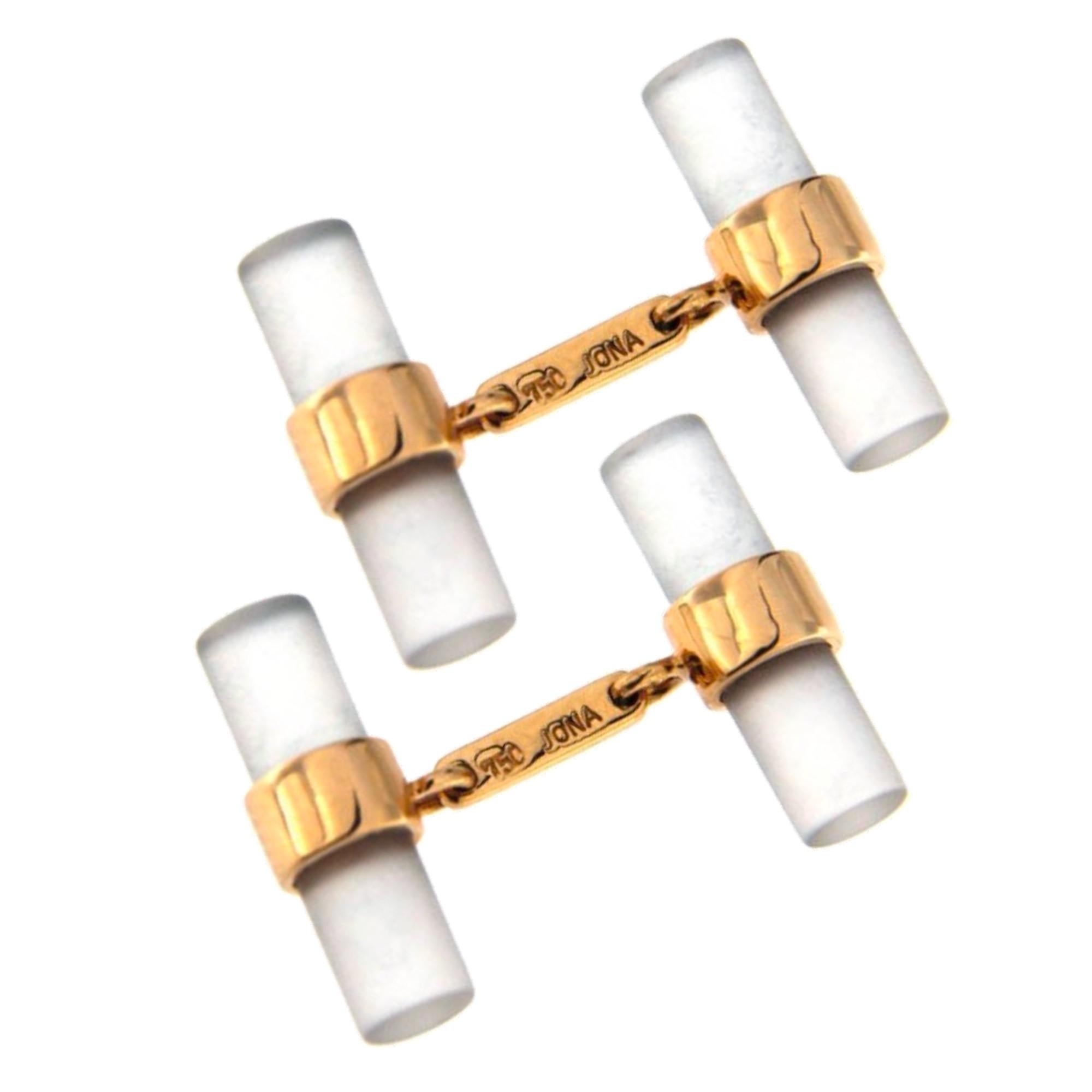 Taille cabochon Alex Jona - Boutons de manchette à barrette en or rose 18 carats et cristal de roche en vente
