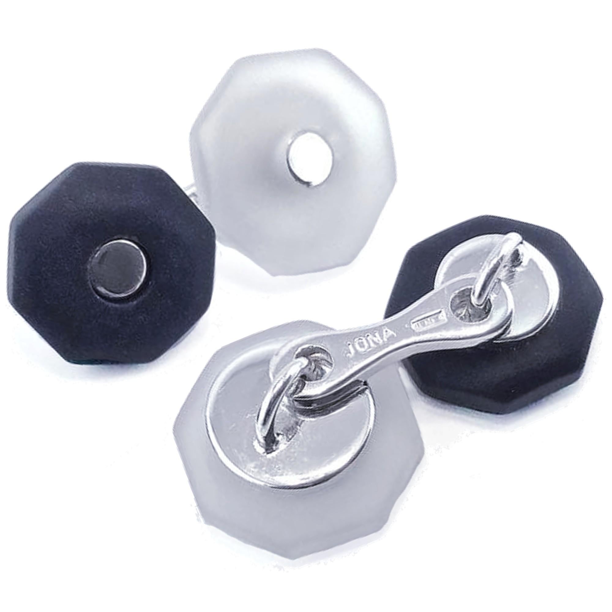 Octagon Cut Alex Jona Rock Crystal Onyx Silver Octagonal Cufflinks For Sale