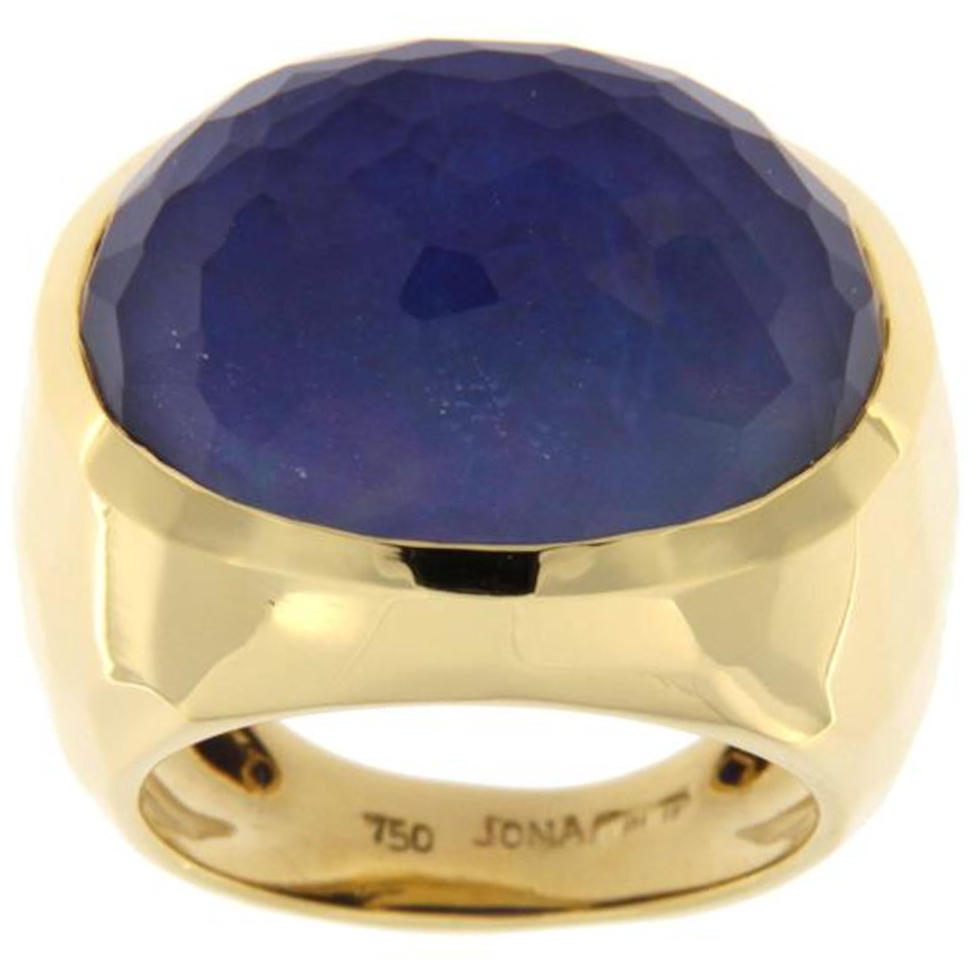 Rose Cut Alex Jona Rock Crystal over Lapis Lazuli 18 Karat Yellow Gold Dome Ring For Sale