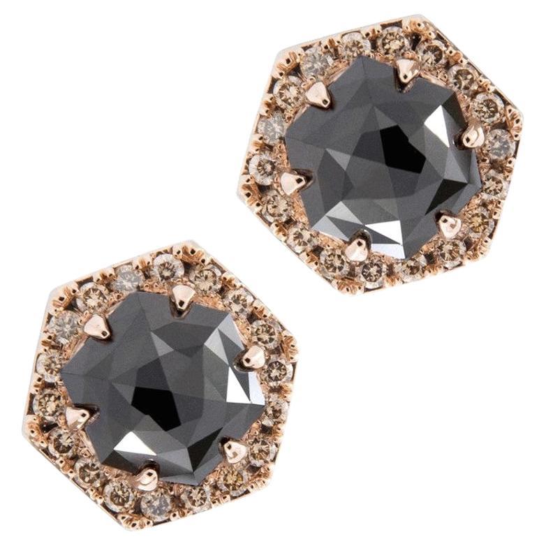 Alex Jona Rose Cut Black Diamond Brown Diamond 18 Karat Rose Gold Stud Earrings For Sale