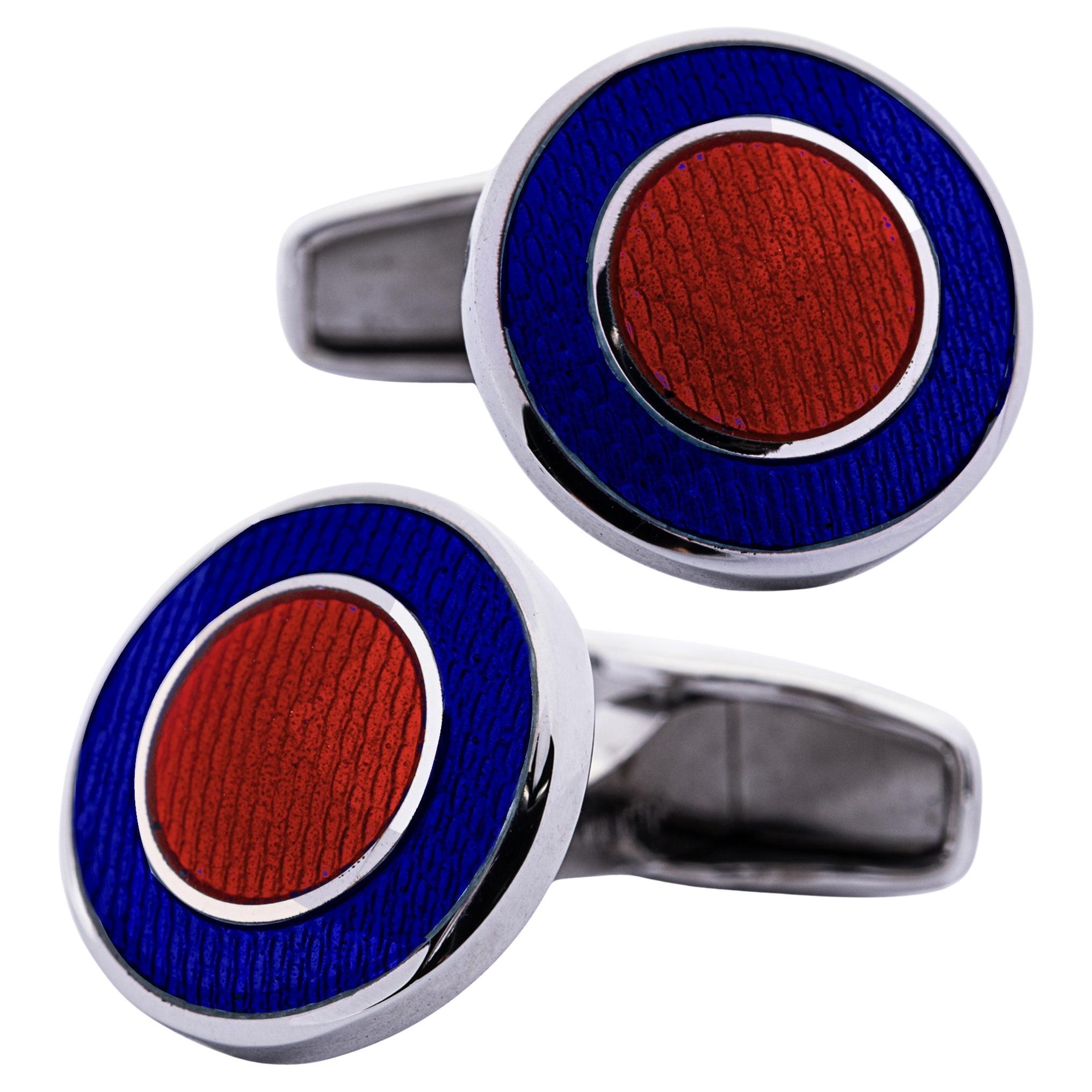 Alex Jona Round Blue Red Fire Enamel Sterling Silver Cufflinks