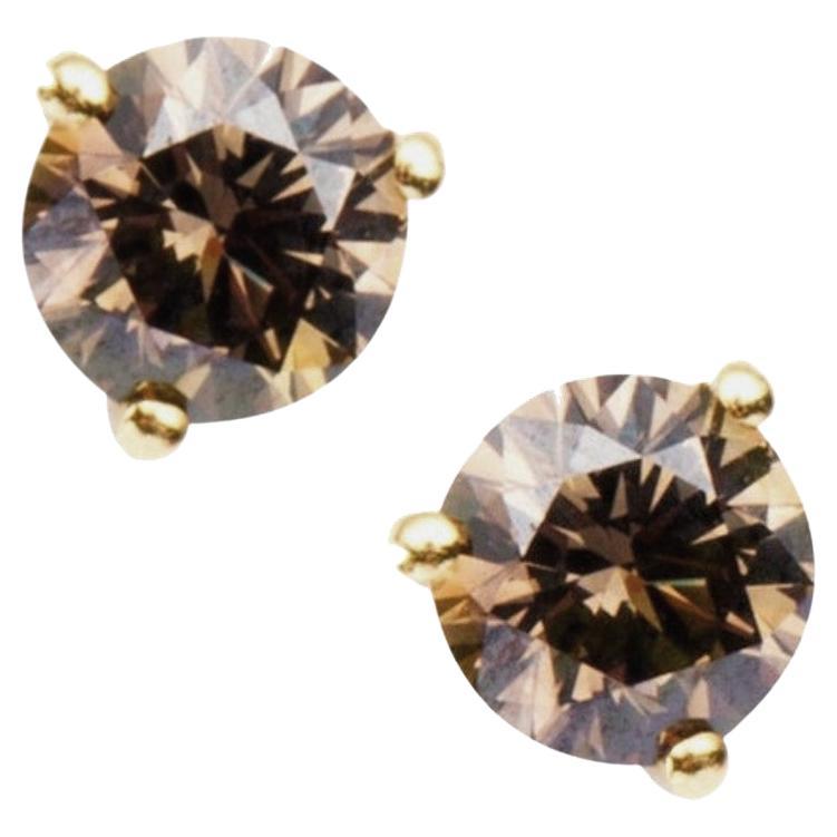 Alex Jona Round Brown Diamond Yellow Gold Stud Earrings For Sale
