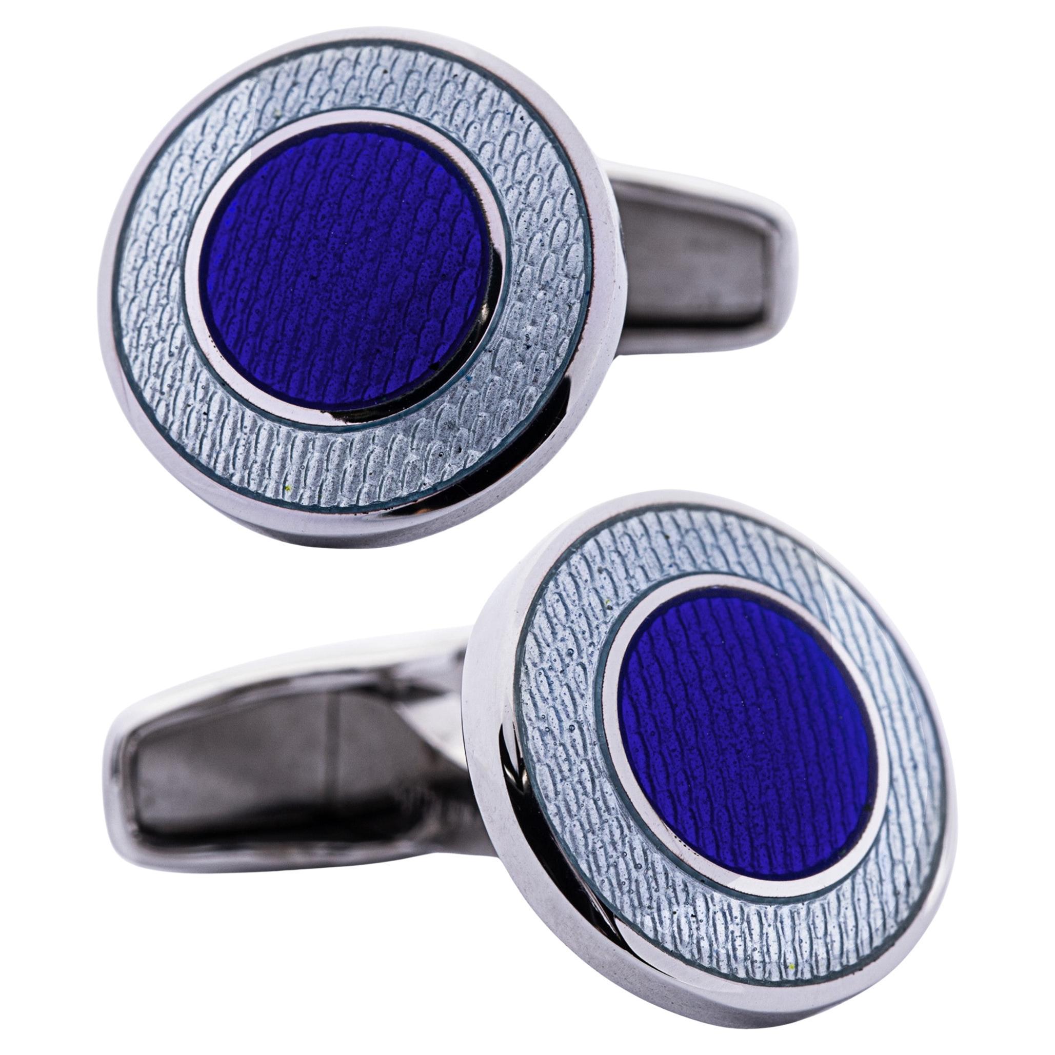 Alex Jona Round Dark Light Blue Fire Enamel Sterling Silver Cufflinks