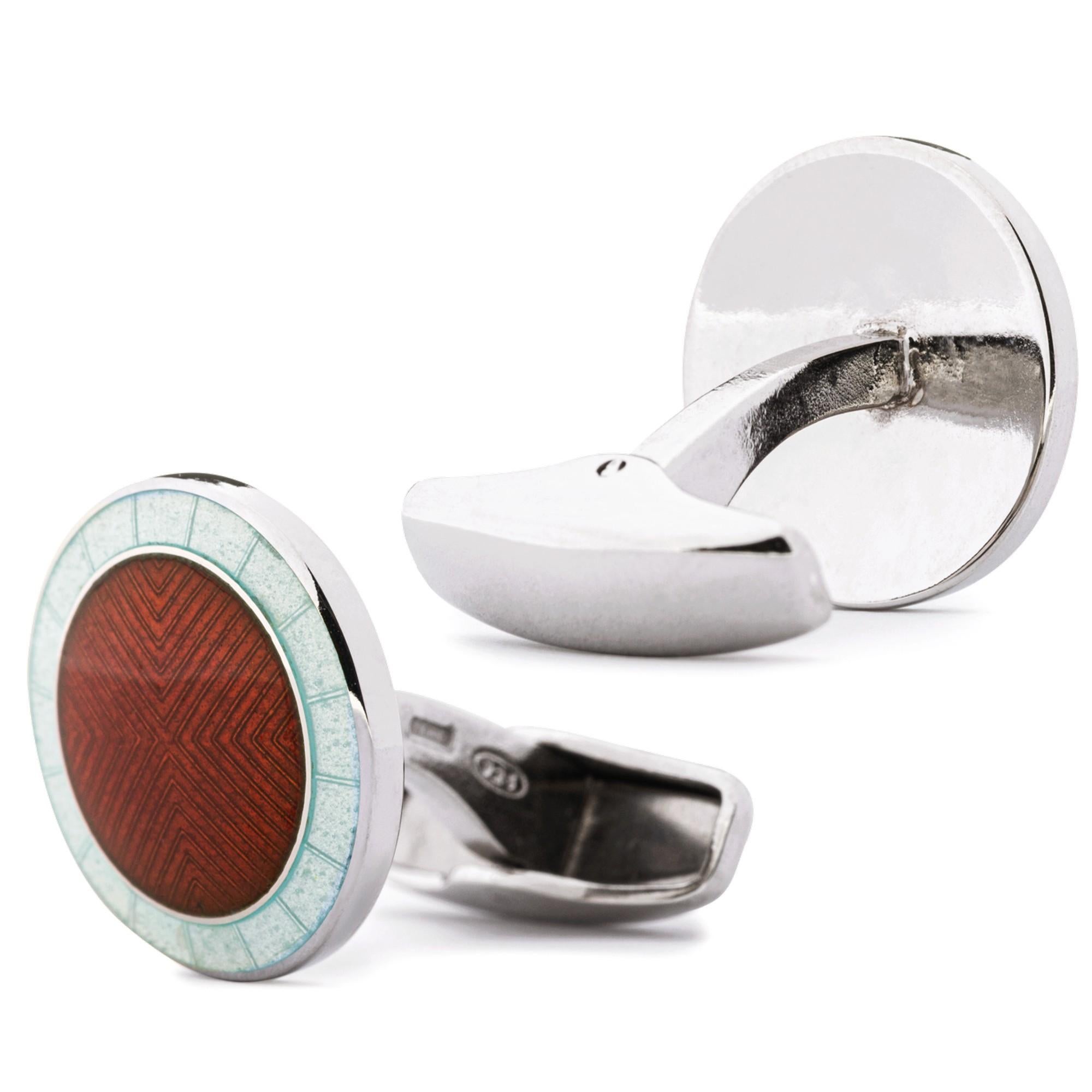 Alex Jona Round Red Light Blue Fire Enamel Sterling Silver Cufflinks In New Condition For Sale In Torino, IT