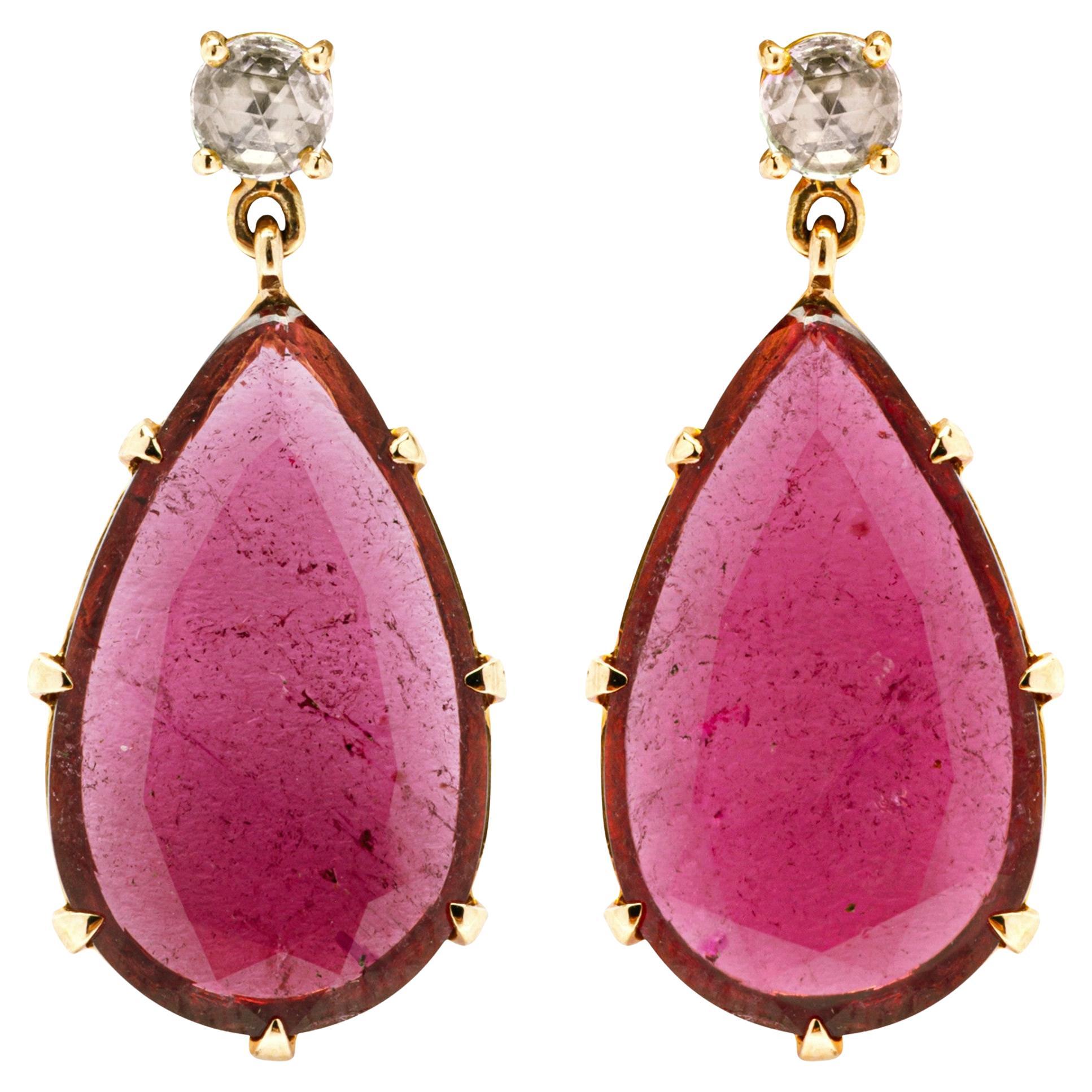 Alex Jona Rubellite Diamond 18 Karat Rose Gold Drop Pendant Earrings For Sale