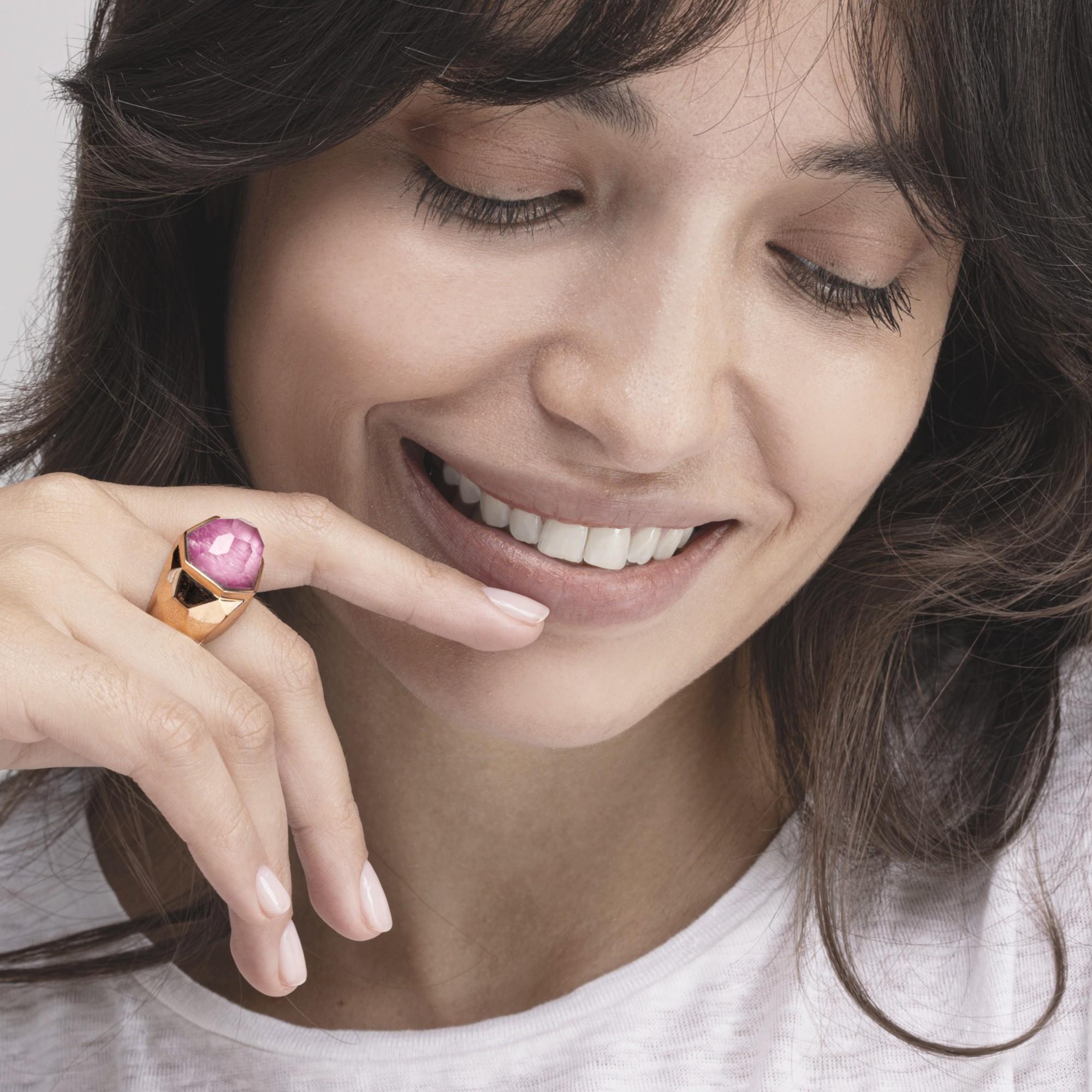 Alex Jona design collection, hand crafted in Italy, 18 Karat rose gold faceted dome ring set with a crazy cut quartz over rubellite, weighing 13.10 carats.  Size US 7, can be sized to any specification.
Dimensions : H 1.25 in x W 0.94 in x D 0.66 in