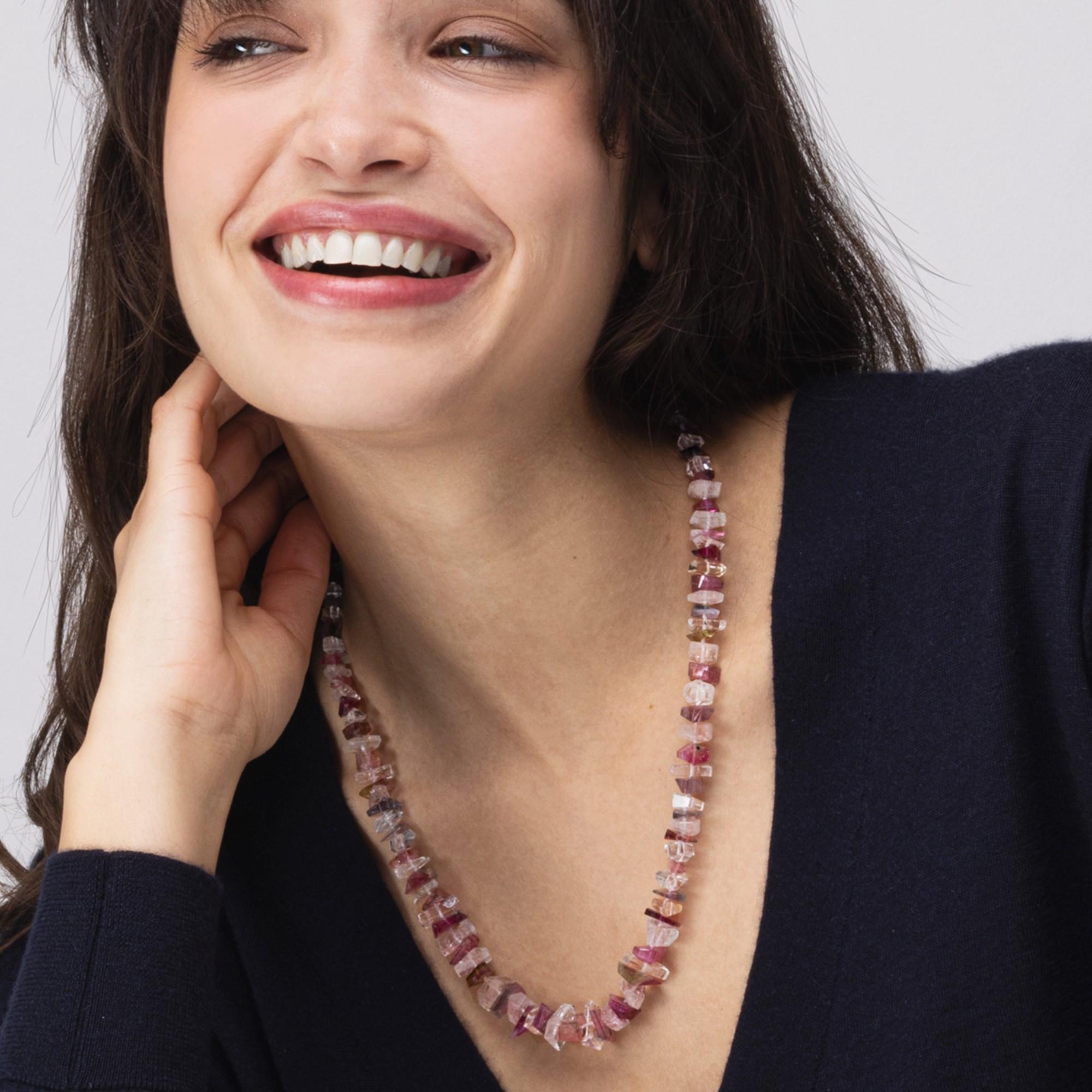 Alex Jona design collection, hand crafted in Italy, faceted Rubellite Tourmaline Morganite necklace with gilt sterling silver clasp. Length 20.86