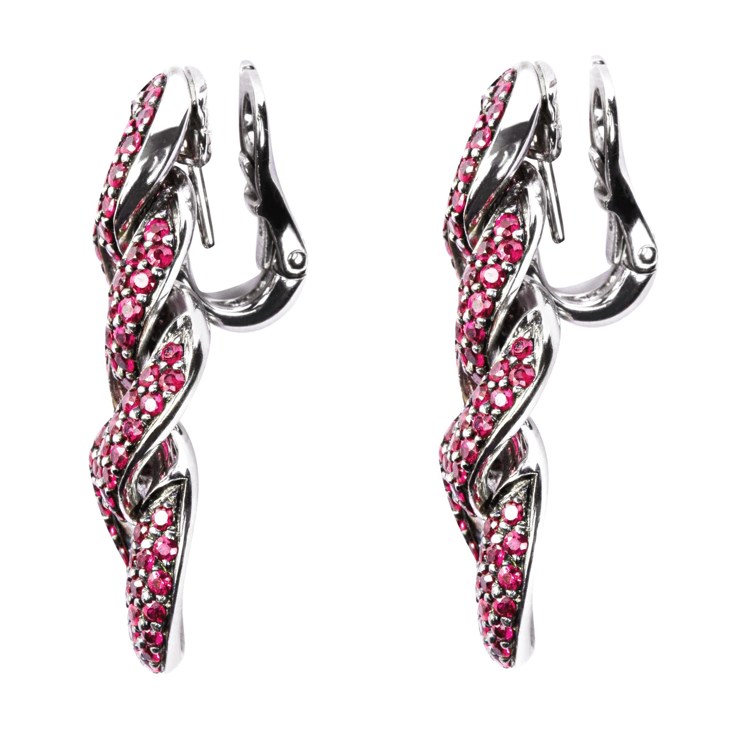 Round Cut Alex Jona Ruby 18 Karat White Gold Curb Link Chain Clip-On Earrings For Sale