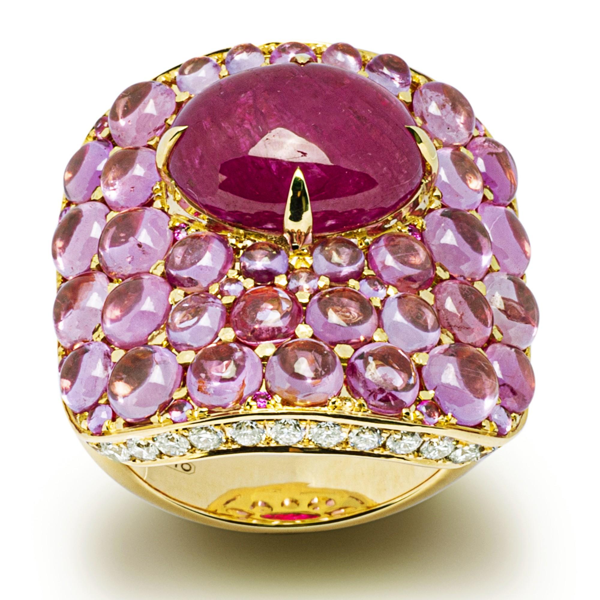 Alex Jona Ruby Pink Sapphire White Diamond 18 Karat Yellow Gold Ring In New Condition For Sale In Torino, IT