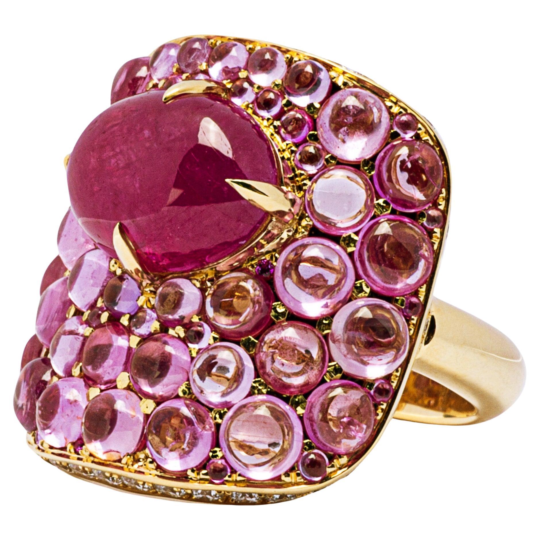 Alex Jona Ruby Pink Sapphire White Diamond 18 Karat Yellow Gold Ring For Sale