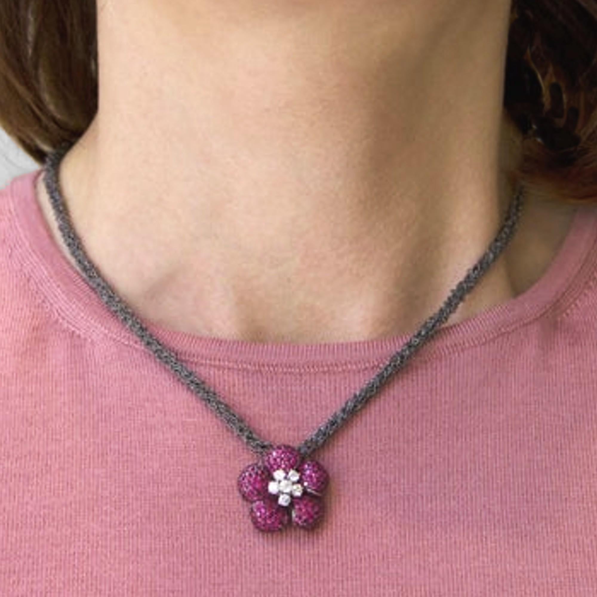 Women's Alex Jona Ruby White Diam. 18Karat Gold Flower Pendant on Silver Chain Necklace For Sale