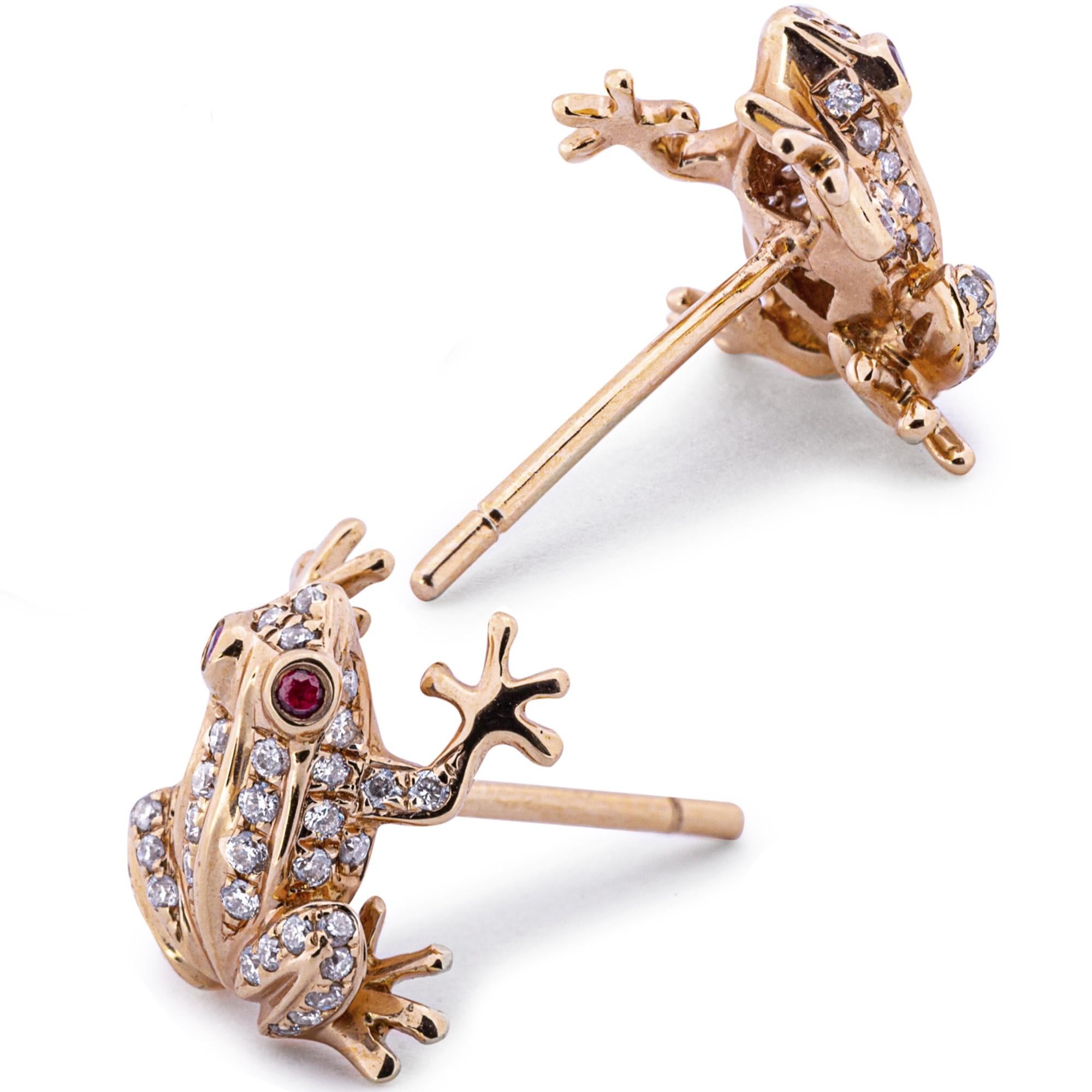 Round Cut Alex Jona Ruby White Diamond 18 Karat Rose Gold Frog Earrings For Sale
