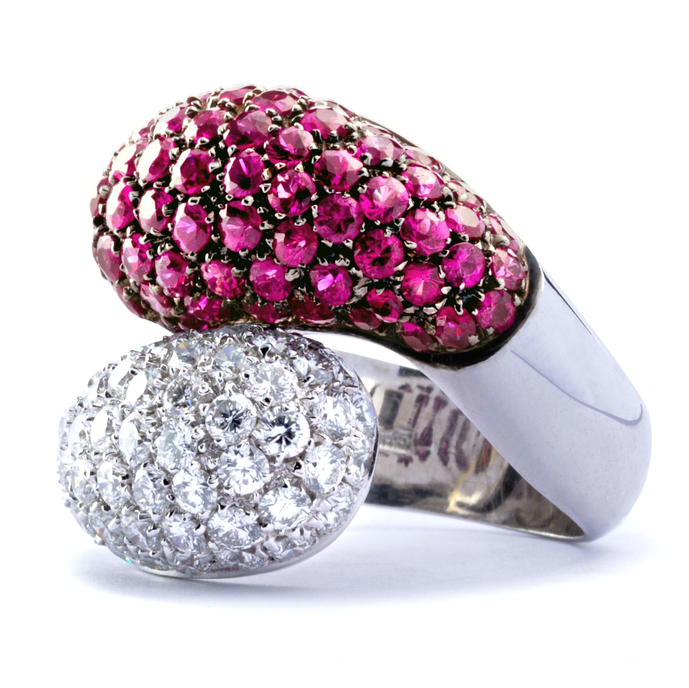 Round Cut Alex Jona Ruby White Diamond 18 Karat White Gold Crossover Dome Cocktail Ring For Sale